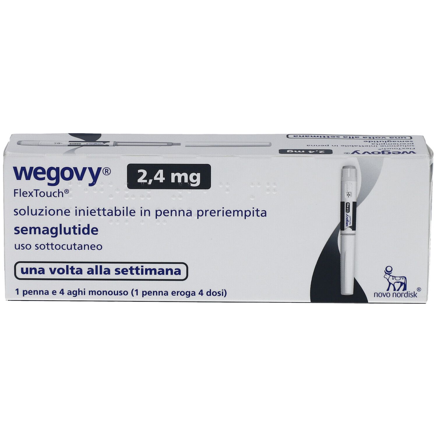 Verpackung von WEGOVY 2,4 mg FlexTouch Injektionslsg.Fertigpen. Enthält eine Fertigpen und Nadeln. Aufschrift: 2,4 mg, semaglutide.