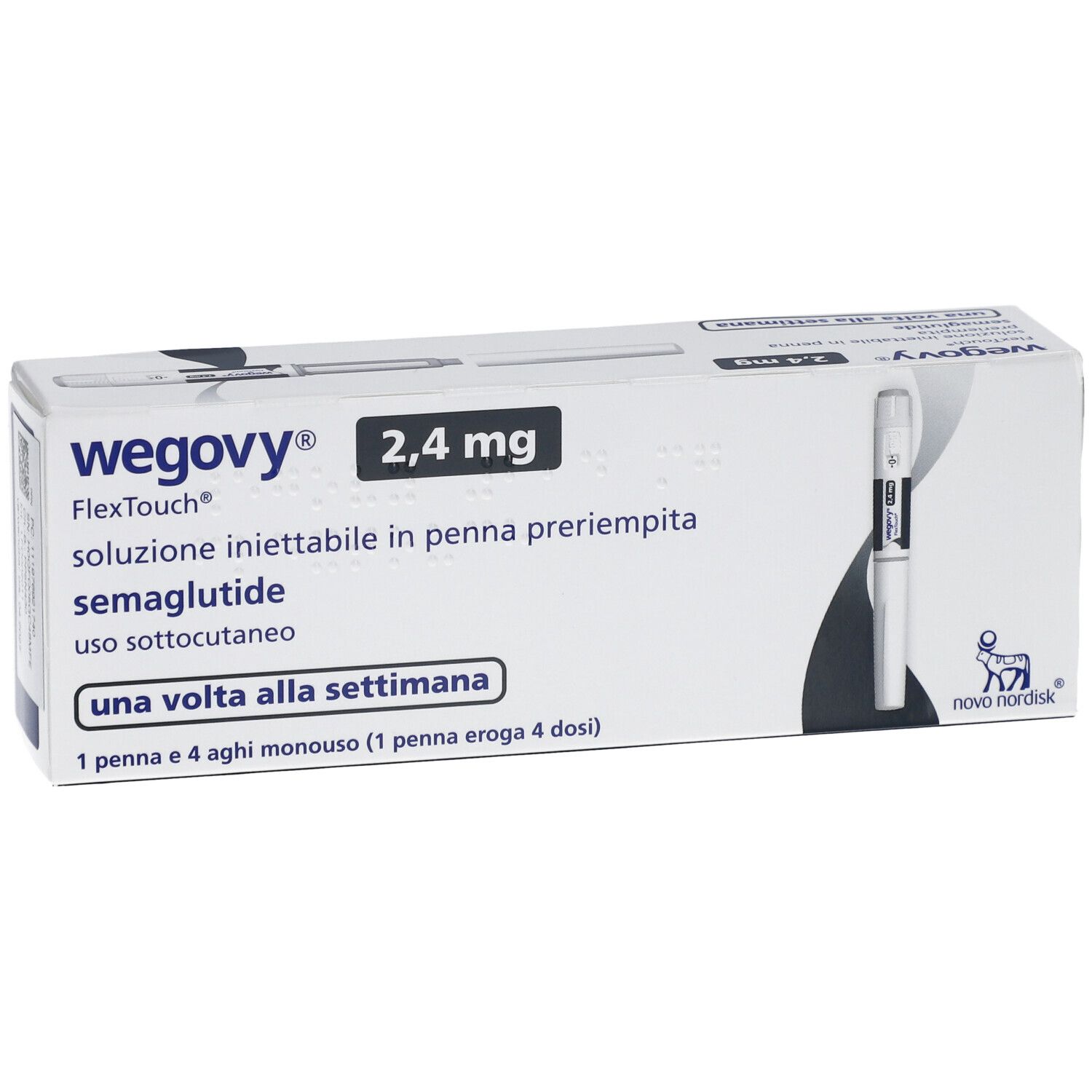 Verpackung von WEGOVY 2,4 mg FlexTouch Injektionslsg.Fertigpen. Enthält eine Fertigpen und Nadeln. Aufschrift: 2,4 mg, semaglutide.