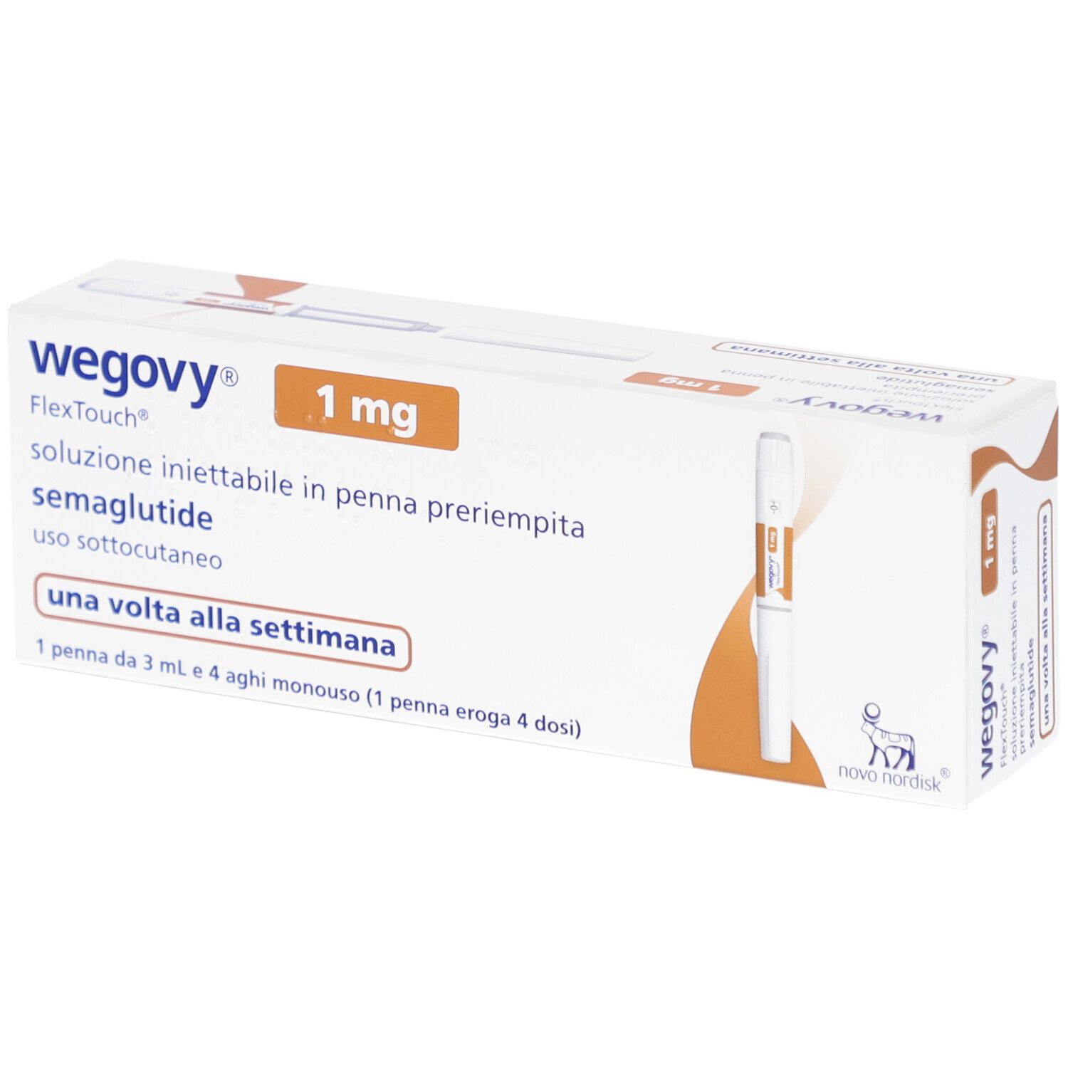 WEGOVY 1 mg FlexTouch Injektionslsg.Fertigpen-Packung. Enthält eine Fertigpen und Nadeln. Weiße Verpackung mit orangefarbenen Akzenten.