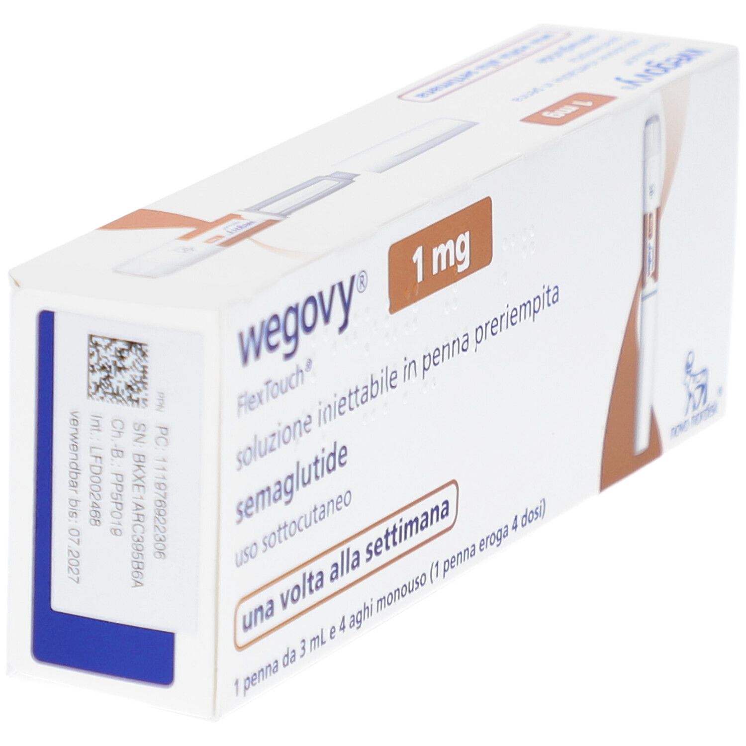 WEGOVY 1 mg FlexTouch-Packung. Weiße Schachtel mit orangefarbenen Akzenten. Enthält eine Fertigpen. Text: 'una volta alla settimana'.