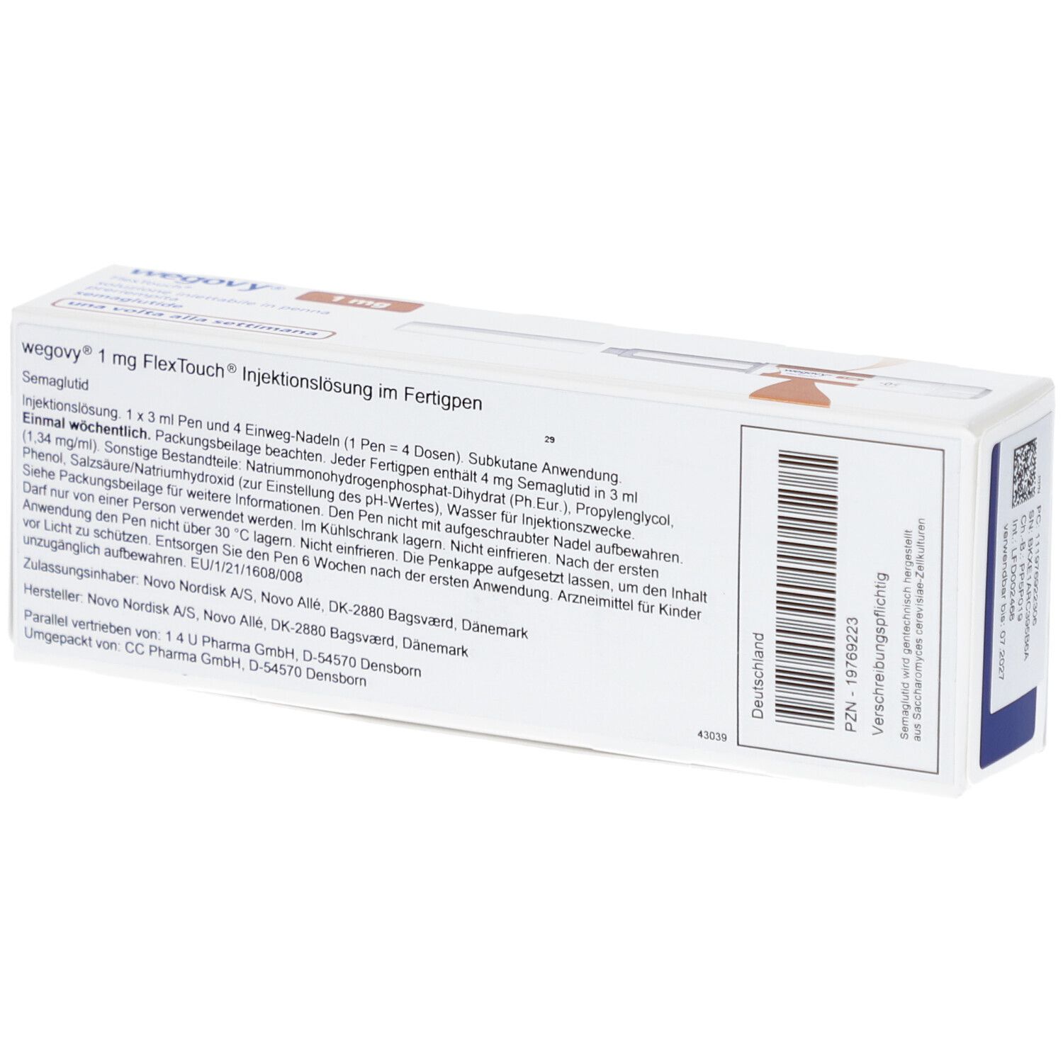 Rückseite der WEGOVY 1 mg FlexTouch-Packung. Enthält Textinformationen und Barcode. Weiße Verpackung mit blauen und orangefarbenen Details.