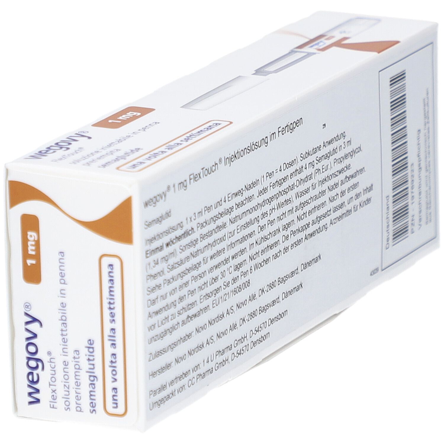 WEGOVY 1 mg FlexTouch-Packung. Weiße Schachtel mit Text und orangefarbenen Akzenten. Enthält eine Fertigpen. Ansicht von oben.