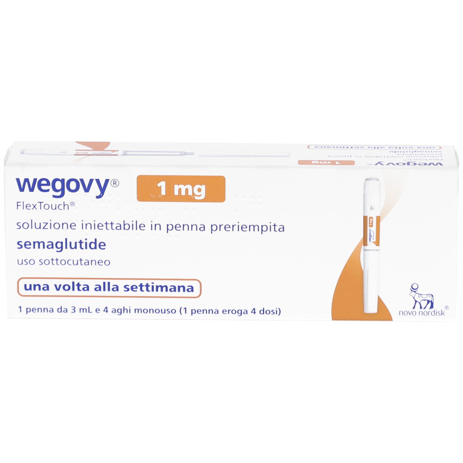 WEGOVY 1 mg FlexTouch-Packung. Weiße Schachtel mit orangefarbenen Akzenten. Enthält eine Fertigpen. Text: 'una volta alla settimana'.