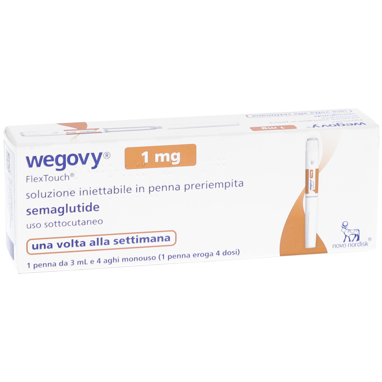 WEGOVY 1 mg FlexTouch-Packung. Weiße Schachtel mit orangefarbenen Akzenten. Enthält eine Fertigpen. Text: 'una volta alla settimana'.