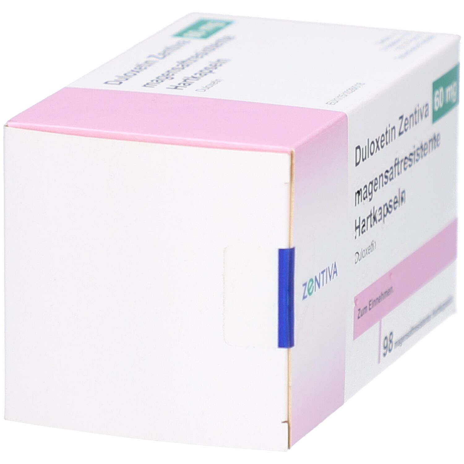 Seitenansicht der Schachtel mit DULOXETIN Zentiva 60 mg. Rosa und weiß. Zentiva Logo und blaue Klebestreifen.