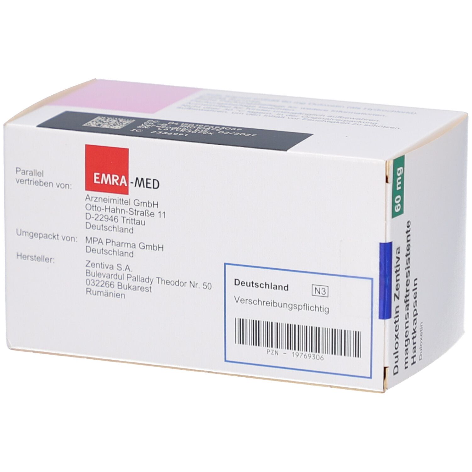 Rückseite der Schachtel mit DULOXETIN Zentiva 60 mg. Text: EMRA-MED, Deutschland, verschreibungspflichtig. Barcode.