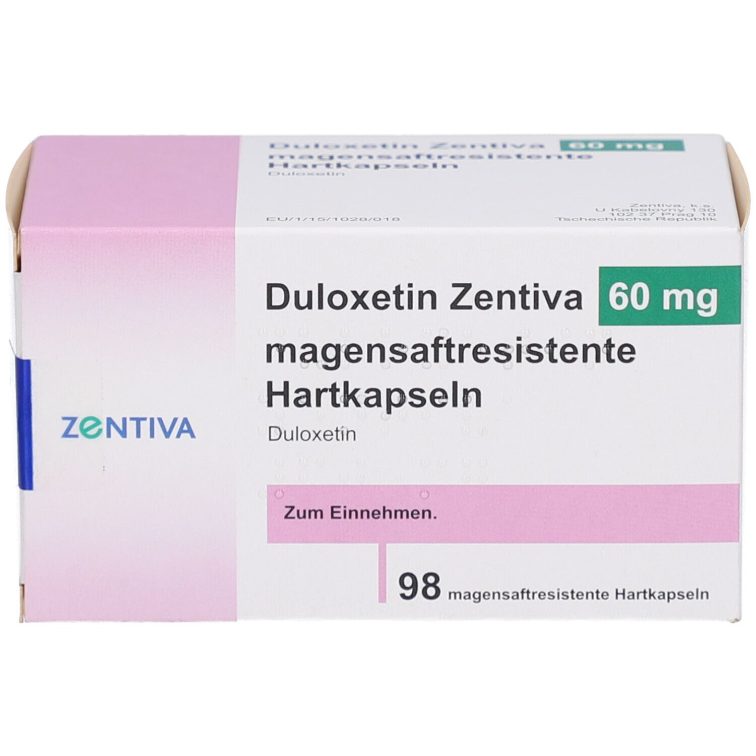 Schachtel mit Aufschrift DULOXETIN Zentiva 60 mg magensaftresistente Hartkapseln. 98 Hartkapseln. Zentiva Logo.