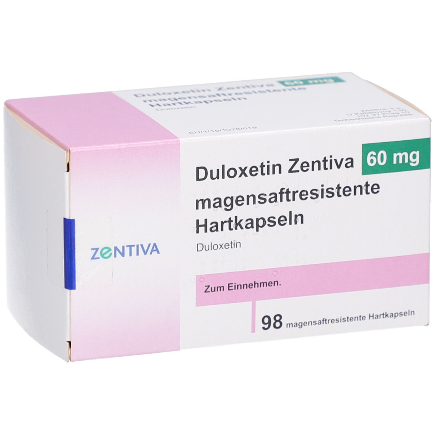 Schachtel mit Aufschrift DULOXETIN Zentiva 60 mg magensaftresistente Hartkapseln. 98 Hartkapseln. Zentiva Logo.
