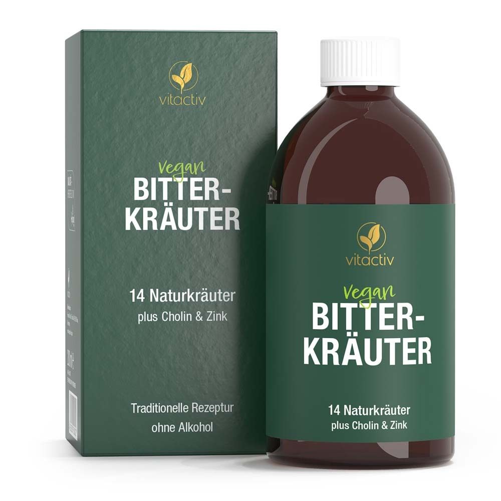 Braune Flasche und Schachtel. Aufschrift: Vitactiv Bitterkräuter, vegan, 14 Naturkräuter.