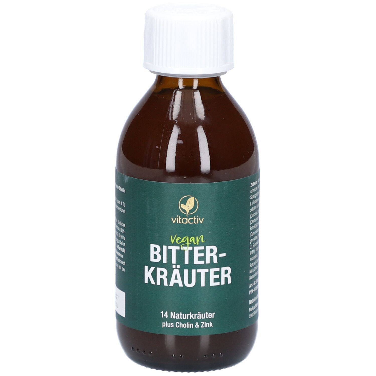 Braune Flasche. Aufschrift: Vitactiv Bitterkräuter, vegan, 14 Naturkräuter plus Cholin & Zink.
