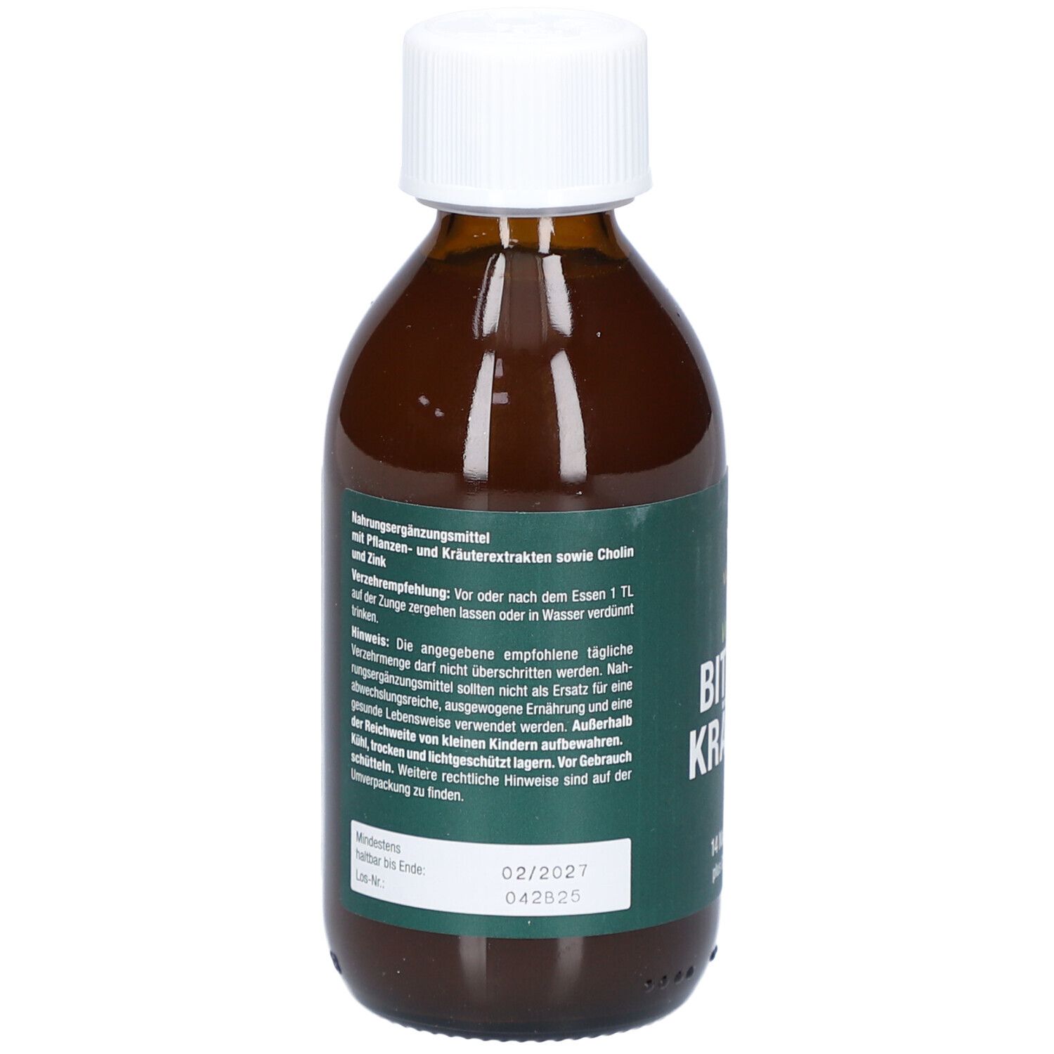 Braune Flasche. Aufschrift: Vitactiv Bitterkräuter, vegan, 14 Naturkräuter plus Cholin & Zink.