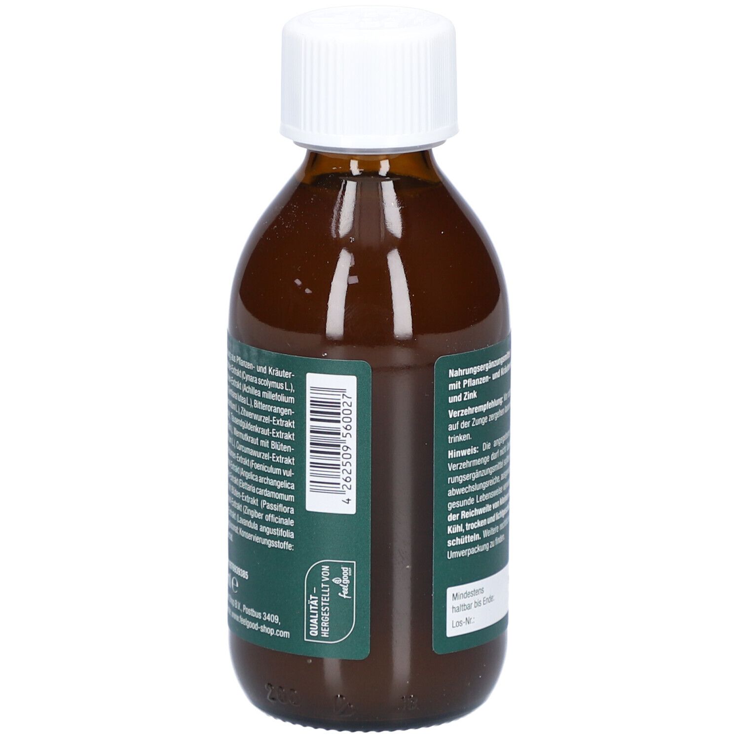 Braune Flasche. Aufschrift: Vitactiv Bitterkräuter, vegan, 14 Naturkräuter plus Cholin & Zink.