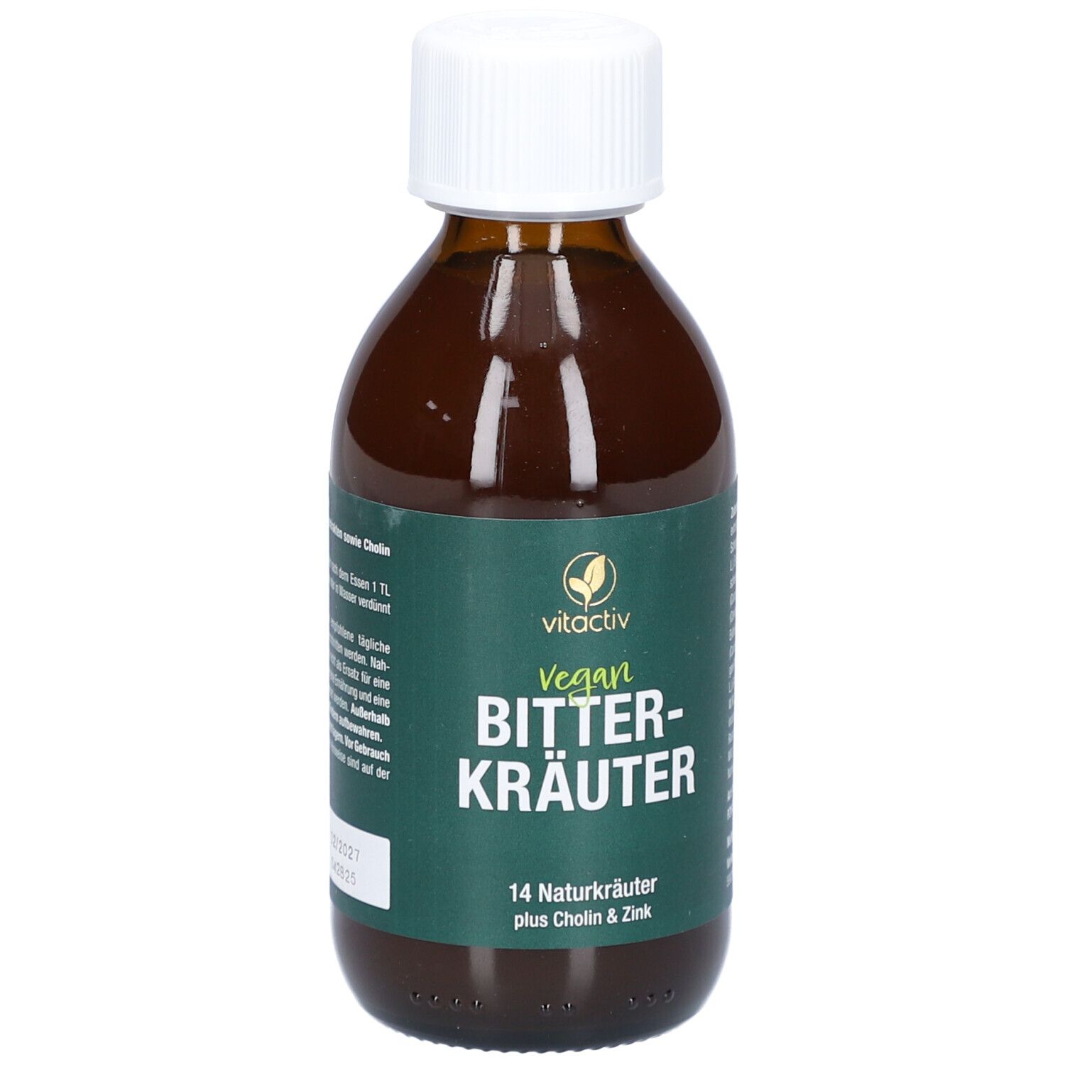 Braune Flasche. Aufschrift: Vitactiv Bitterkräuter, vegan, 14 Naturkräuter plus Cholin & Zink.