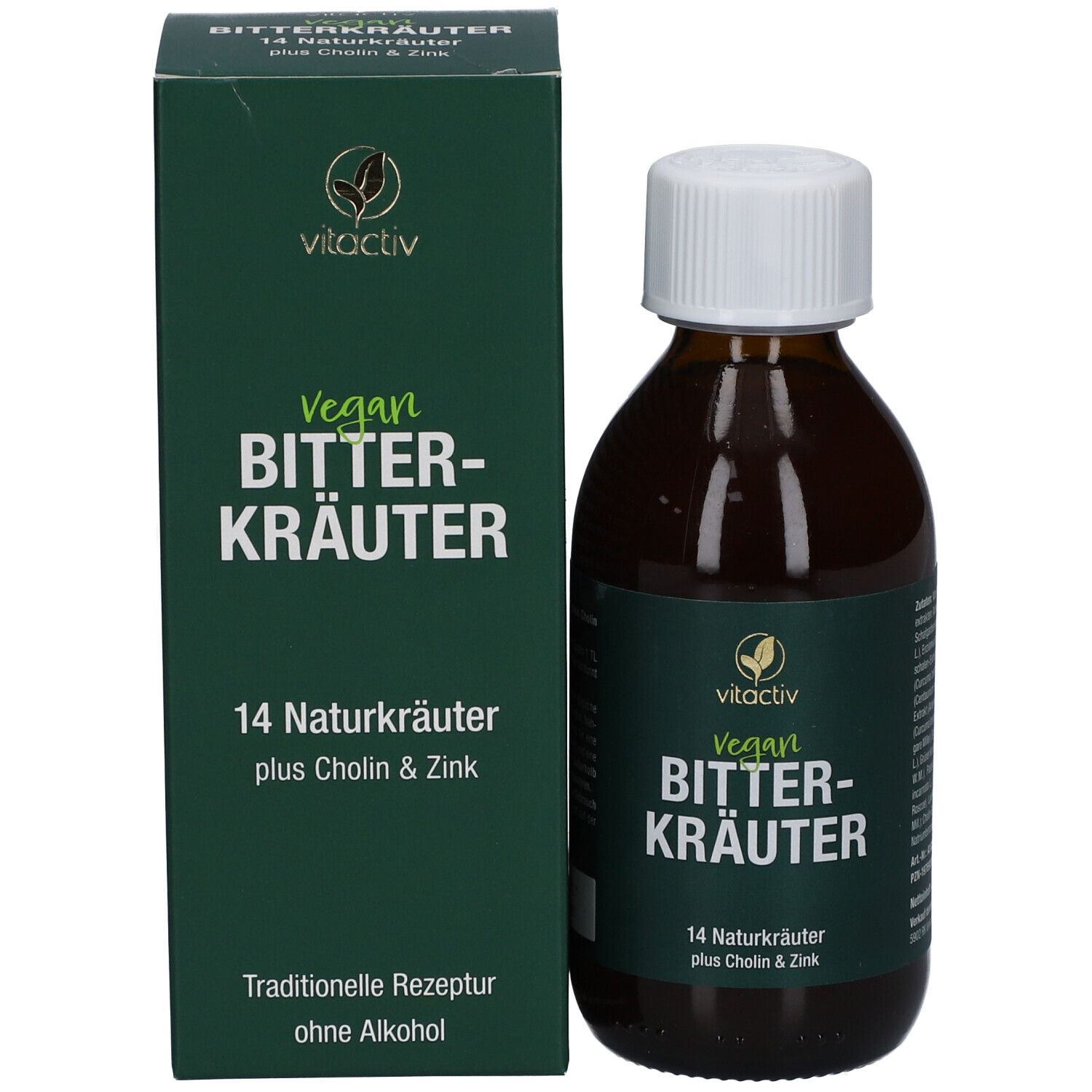 Braune Flasche und Schachtel. Aufschrift: Vitactiv Bitterkräuter, vegan, 14 Naturkräuter.