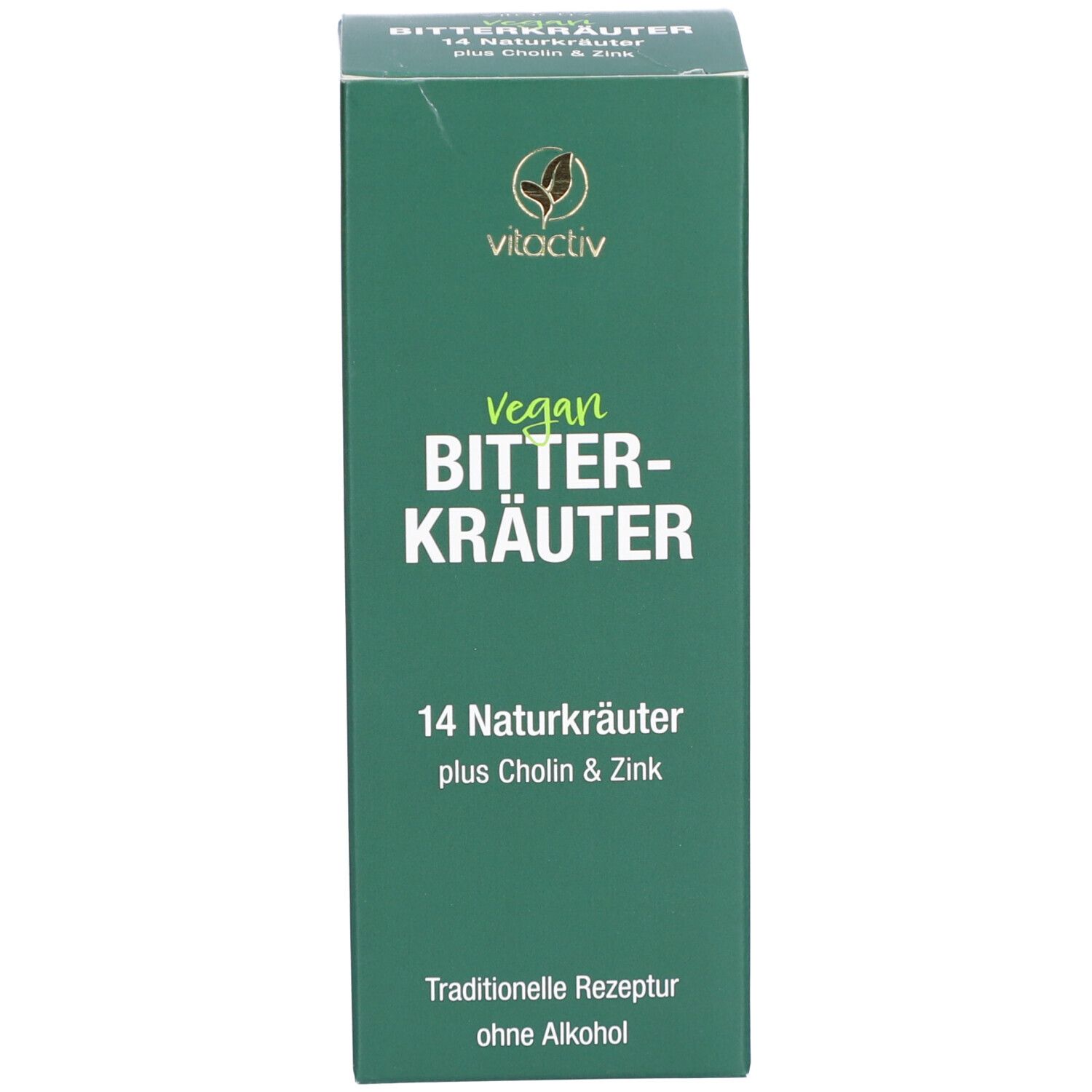 Grüne Schachtel. Aufschrift: Vitactiv Bitterkräuter, vegan, 14 Naturkräuter plus Cholin & Zink.