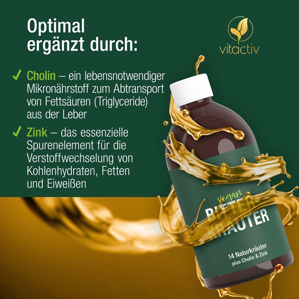 Flüssigkeit fließt aus Flasche. Text: Cholin und Zink. Vitactiv Bitterkräuter, vegan, 14 Kräuter.
