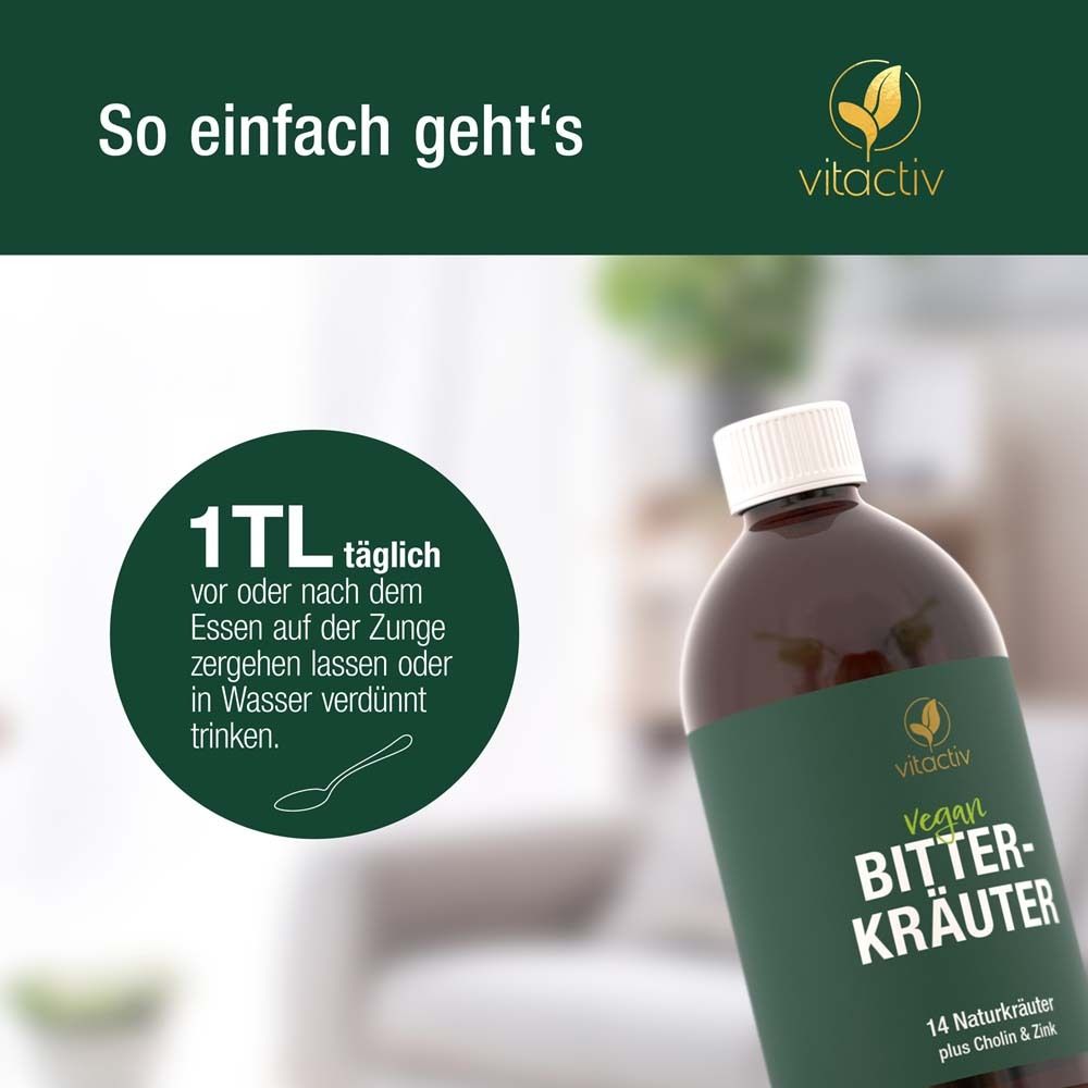 Anwendung: 1 TL täglich. Flasche mit Aufschrift: Vitactiv Bitterkräuter, vegan, 14 Kräuter.