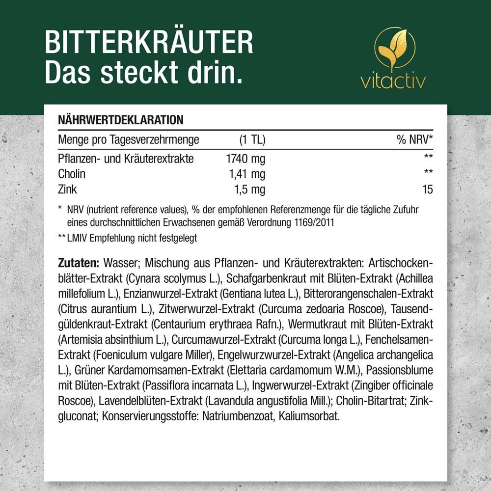 Nährwertdeklaration und Zutatenliste. Vitactiv Bitterkräuter. Text auf weißem Hintergrund.
