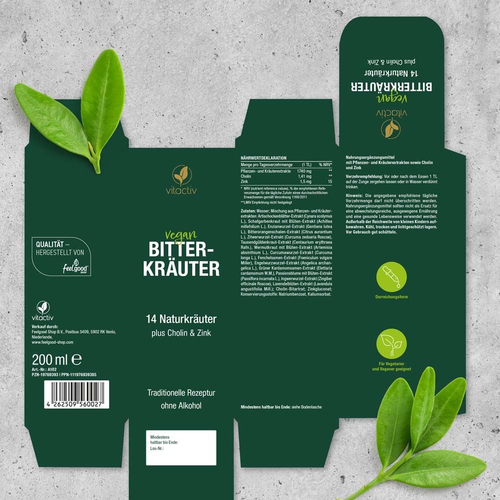 Grüne Verpackung. Aufschrift: Vitactiv Bitterkräuter, vegan, 14 Kräuter. 200 ml.