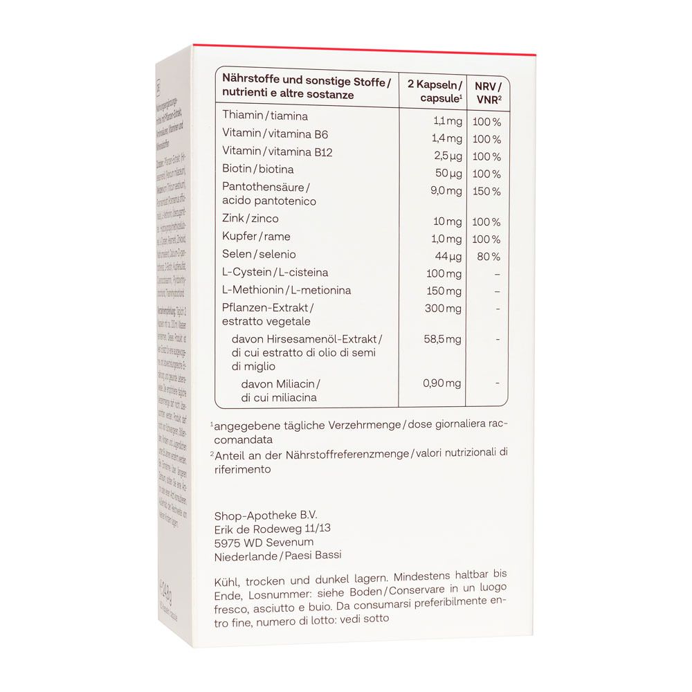 Rückseite der Redcare Vita+ Hair Forte-Verpackung. Enthält Nährwertangaben und Inhaltsstoffe.