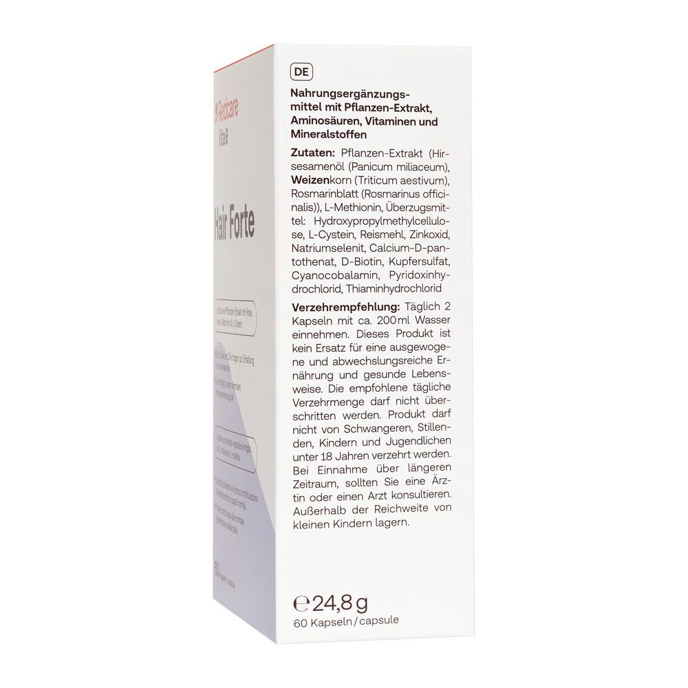 Seite der Redcare Vita+ Hair Forte-Verpackung. Enthält Informationen in deutscher Sprache.