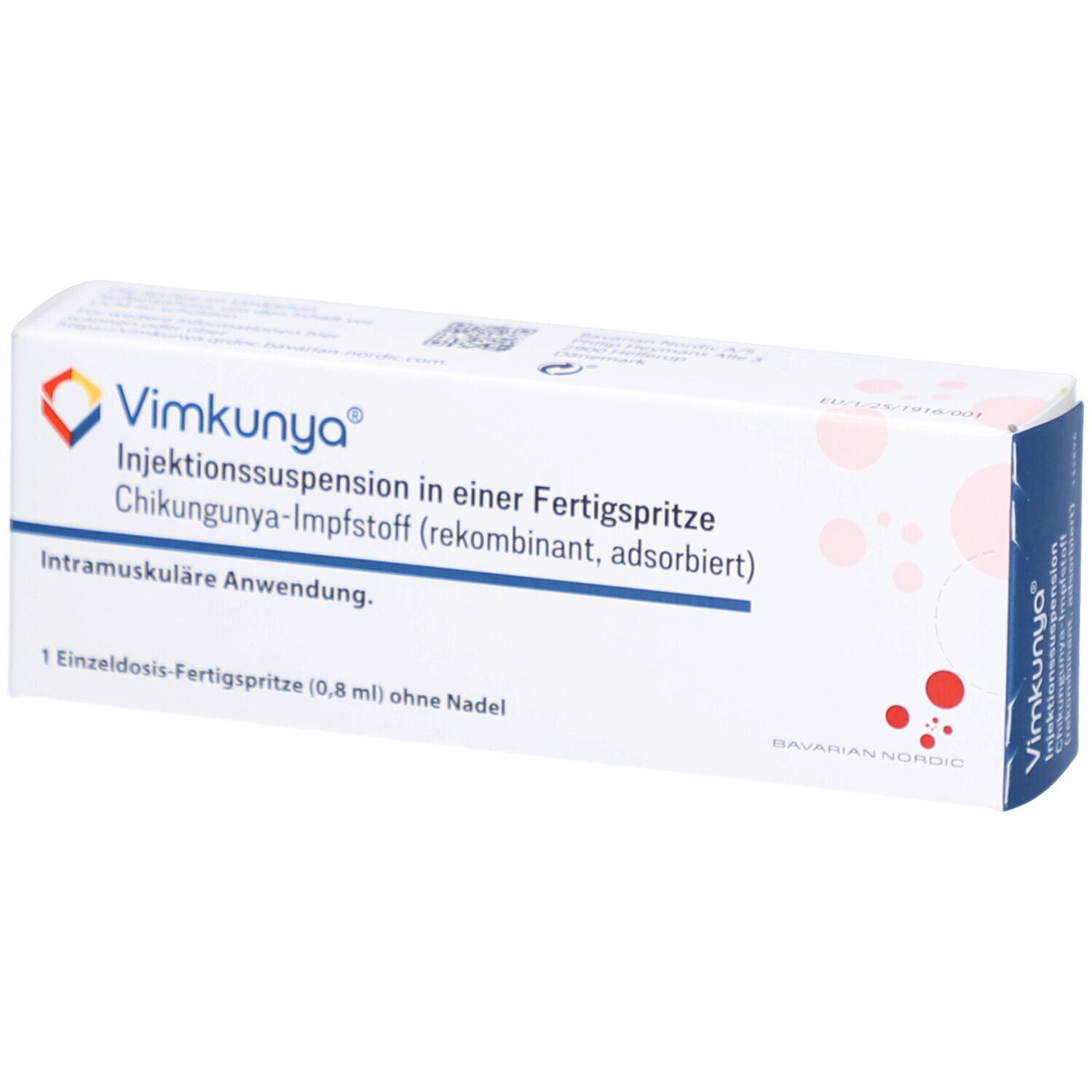 Karton von VIMKUNYA Injektionssuspension. Text: Chikungunya-Impfstoff, intramuskuläre Anwendung. 1 Fertigspritze.