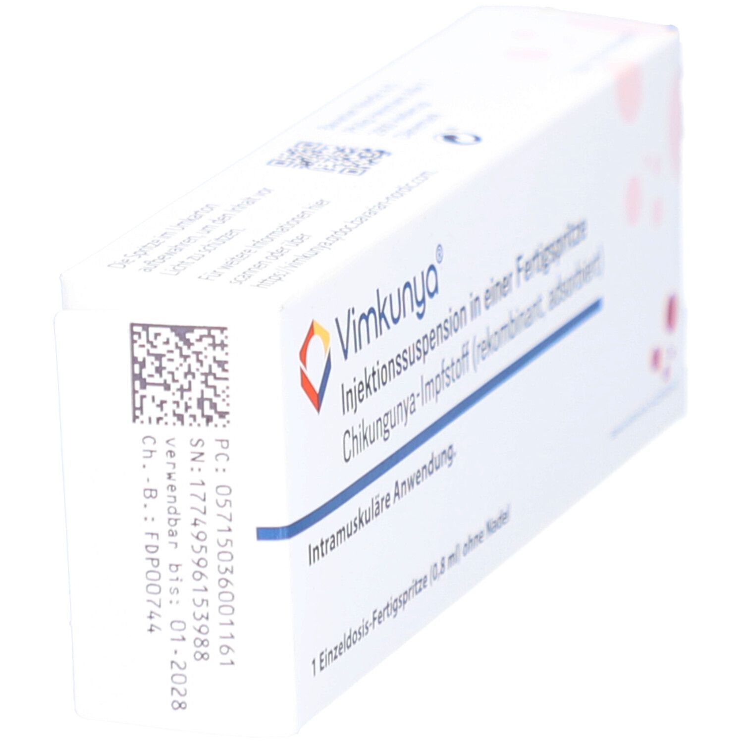 Weiße Schachtel von VIMKUNYA. Text: Injektionssuspension, Chikungunya-Impfstoff, intramuskuläre Anwendung. QR-Code und Chargennummer.