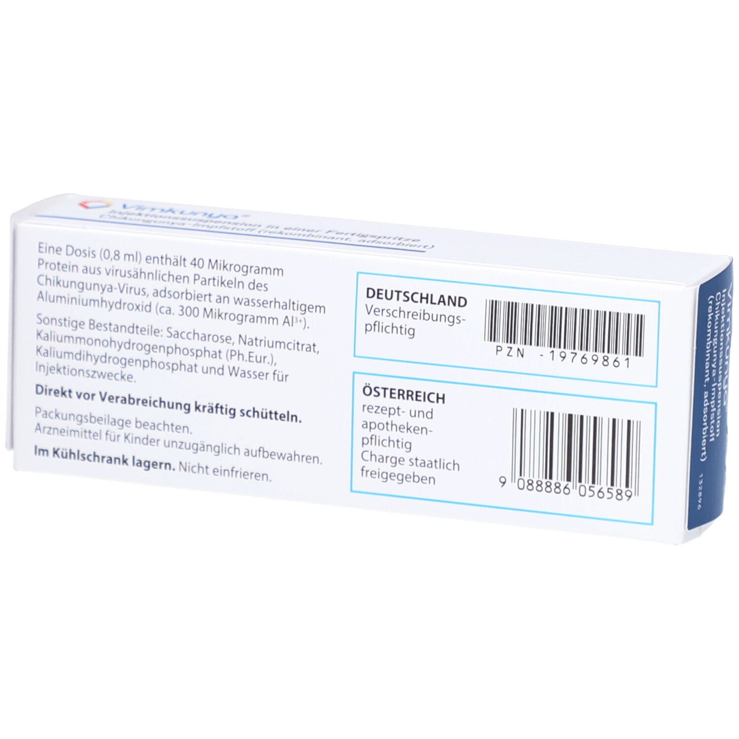 Rückseite der VIMKUNYA-Verpackung. Text: Inhaltsstoffe, Chargeninformationen, PZN-Nummer, Angaben für Deutschland und Österreich.