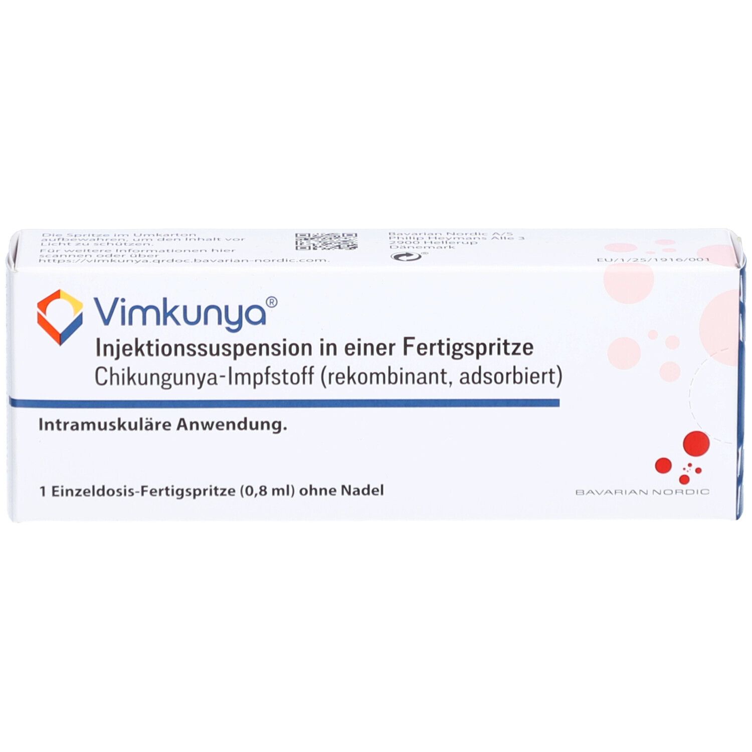 VIMKUNYA-Schachtel. Text: Injektionssuspension, Chikungunya-Impfstoff, intramuskuläre Anwendung. 1 Fertigspritze.