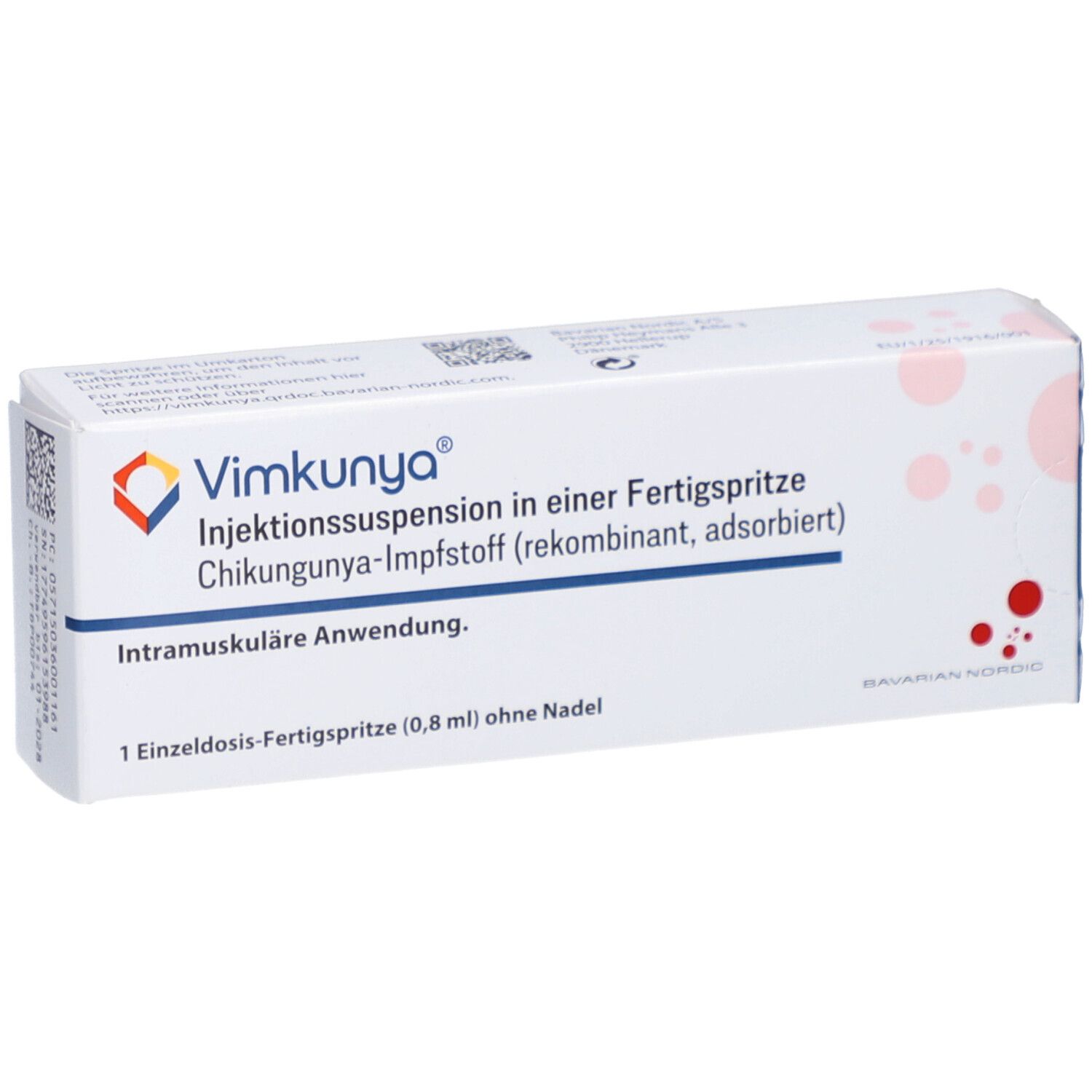 VIMKUNYA-Schachtel. Text: Injektionssuspension, Chikungunya-Impfstoff, intramuskuläre Anwendung. 1 Fertigspritze.