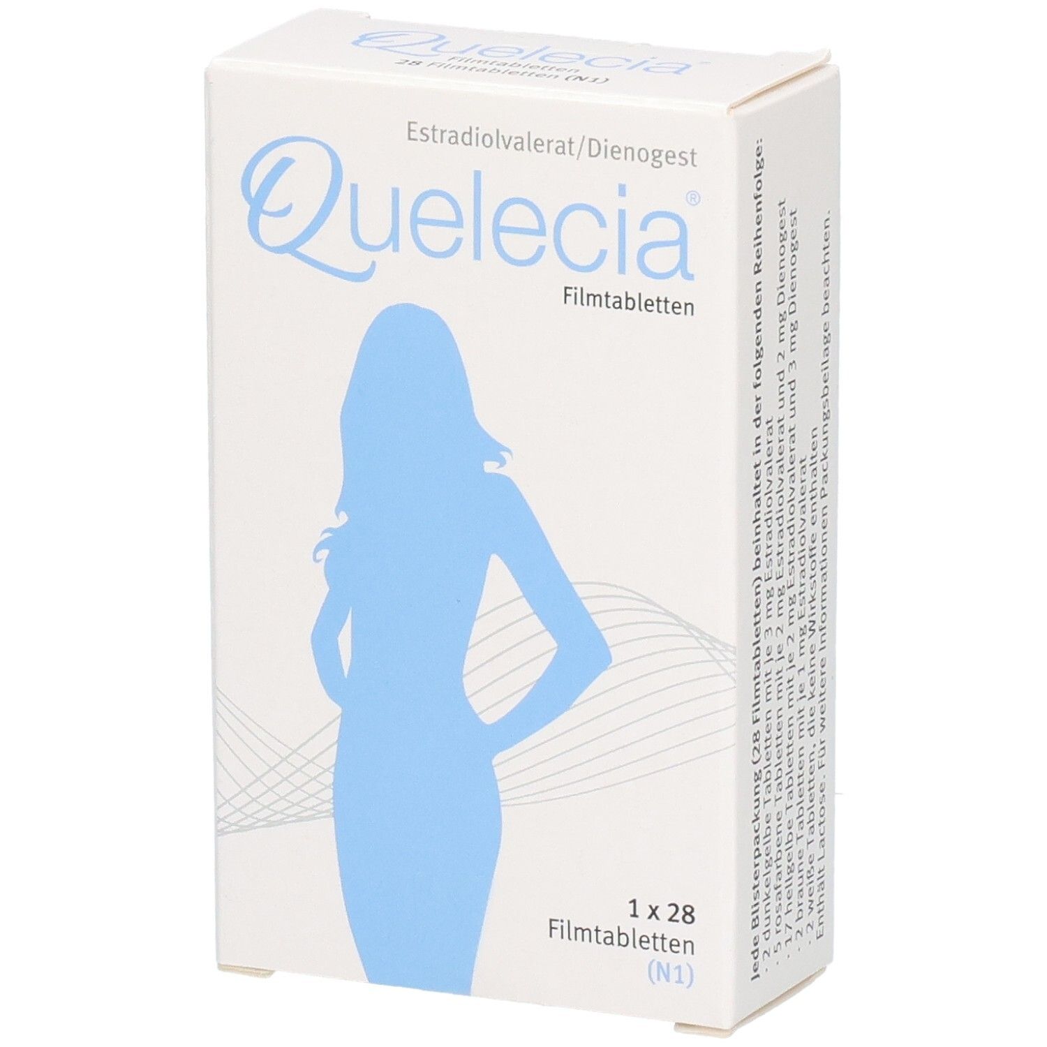 QUELECIA Filmtabletten Verpackung mit Frauensilhouette und Produktinformationen.
