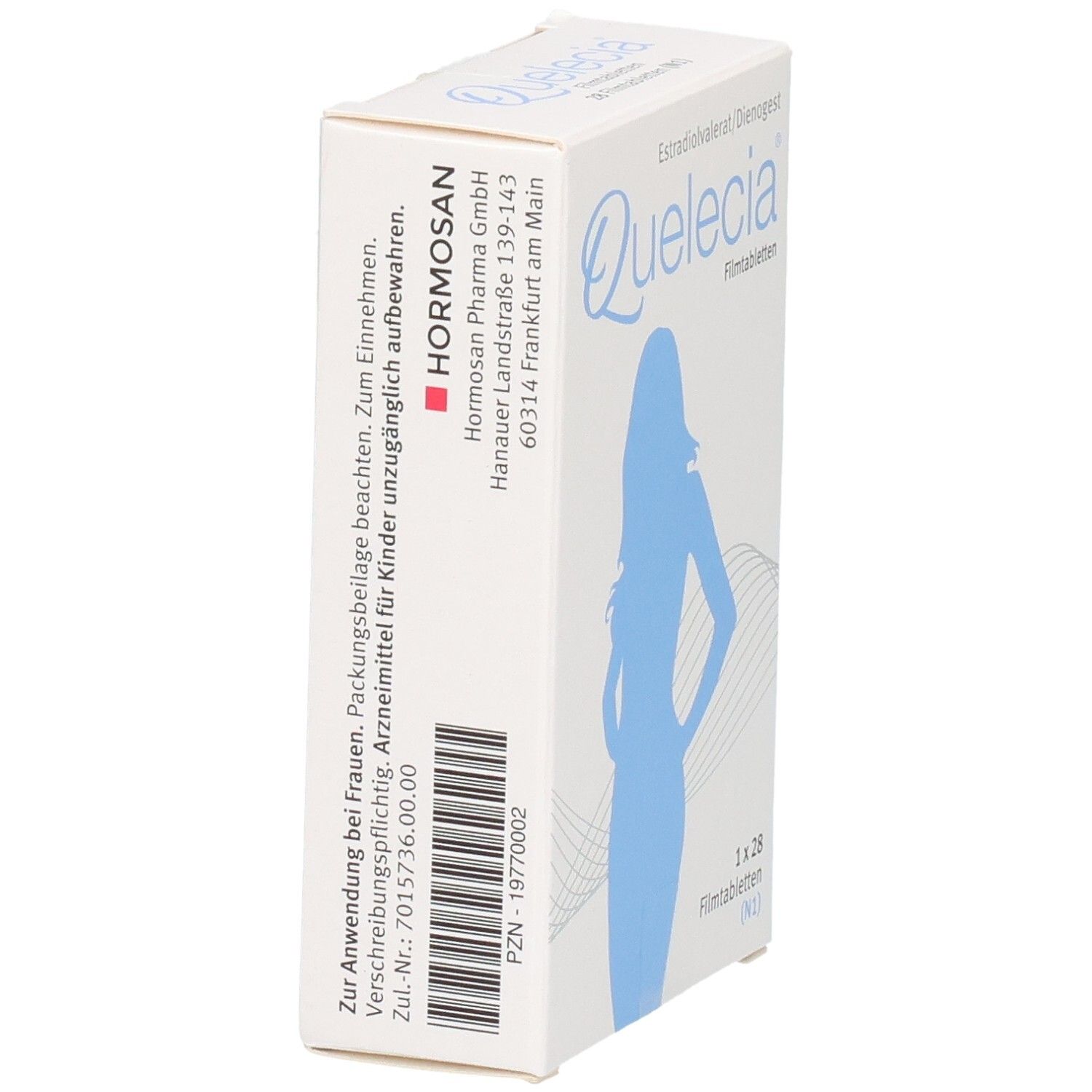 QUELECIA Filmtabletten Verpackung, Seite mit Hersteller- und Zulassungsinformationen.