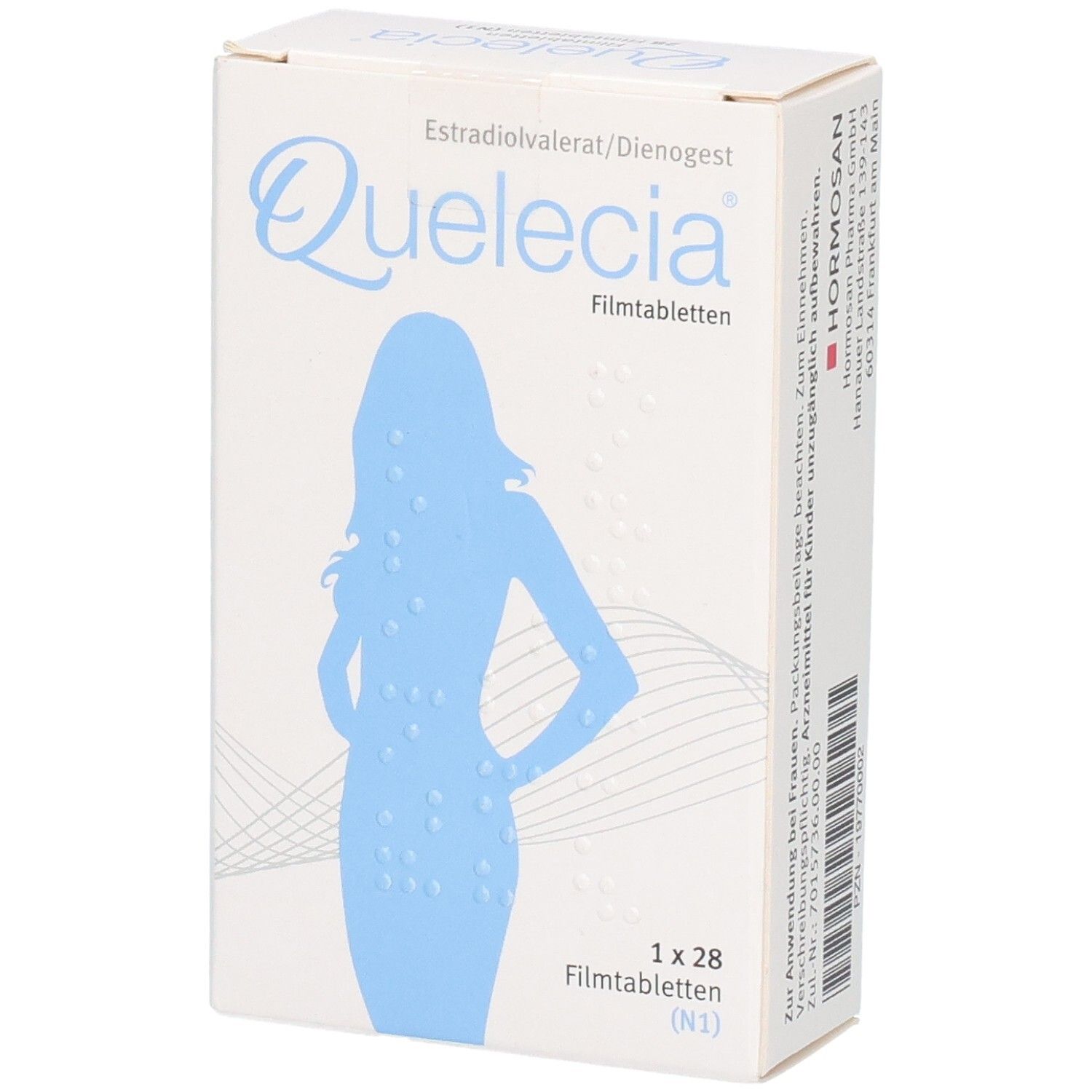QUELECIA Filmtabletten Verpackung, Vorderseite mit Frauensilhouette und Produktbezeichnung.