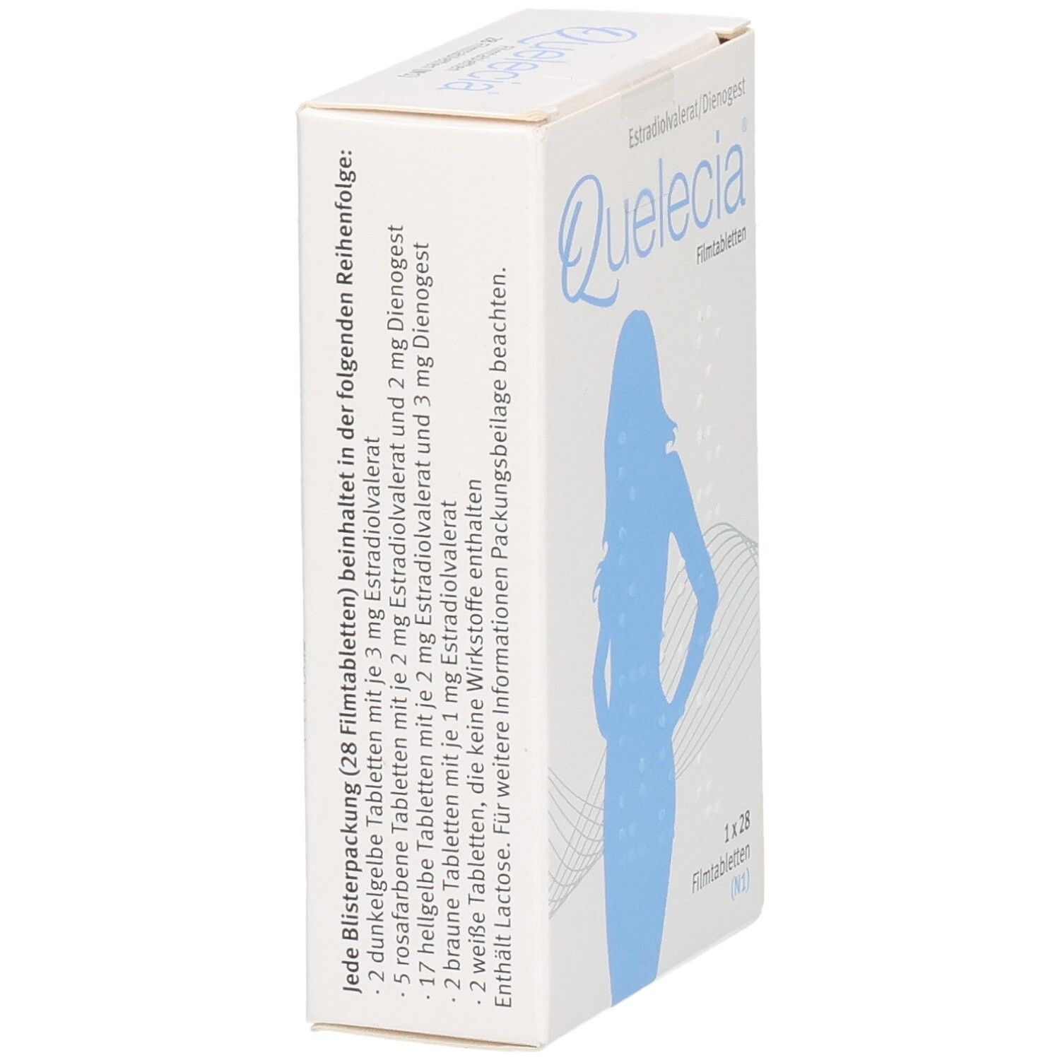 QUELECIA Filmtabletten Verpackung, Seite mit detaillierten Inhaltsangaben pro Blister.