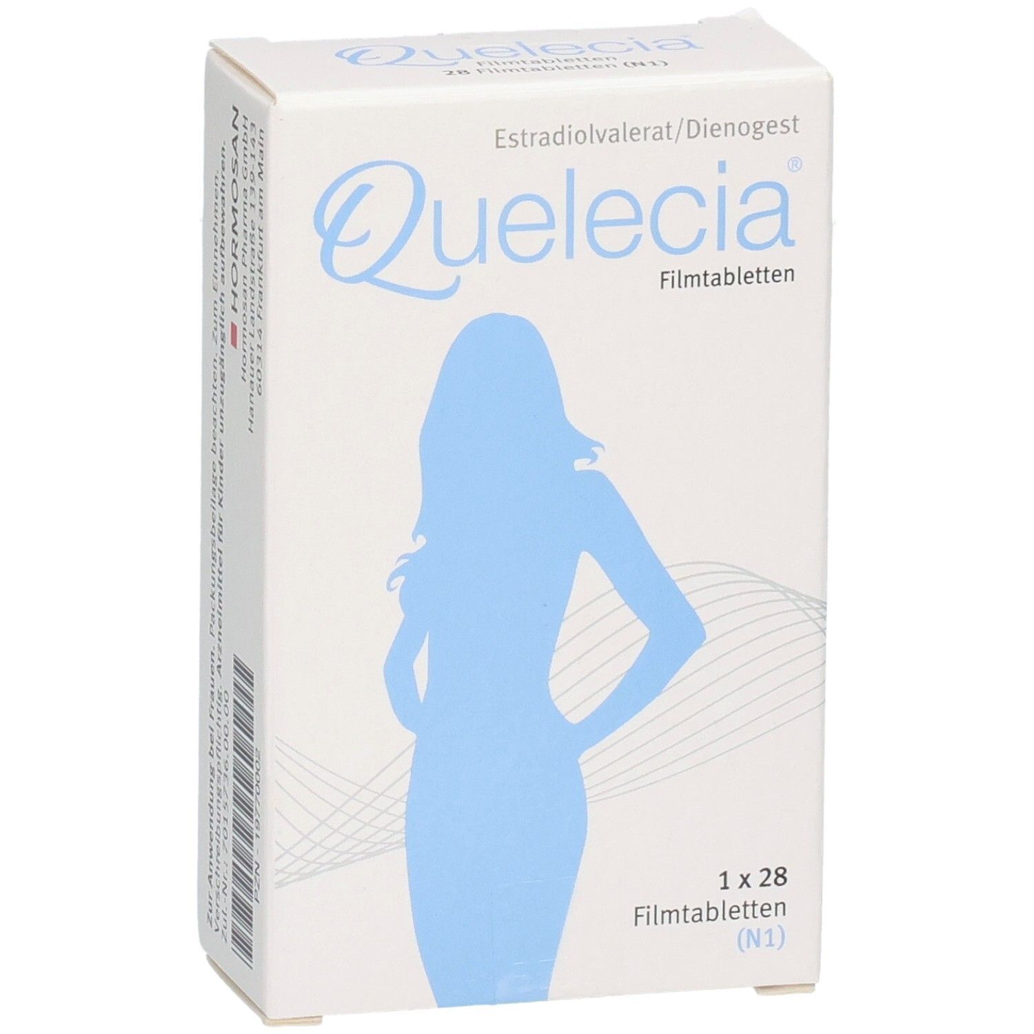 QUELECIA Filmtabletten Verpackung, Vorderseite mit Frauensilhouette und Produktbezeichnung.