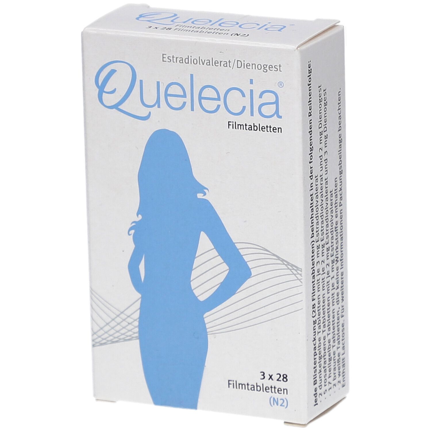 Weiße Schachtel mit blauer Frauenfigur und Aufschrift 'Quelecia Filmtabletten'. Enthält 3 x 28 Tabletten.