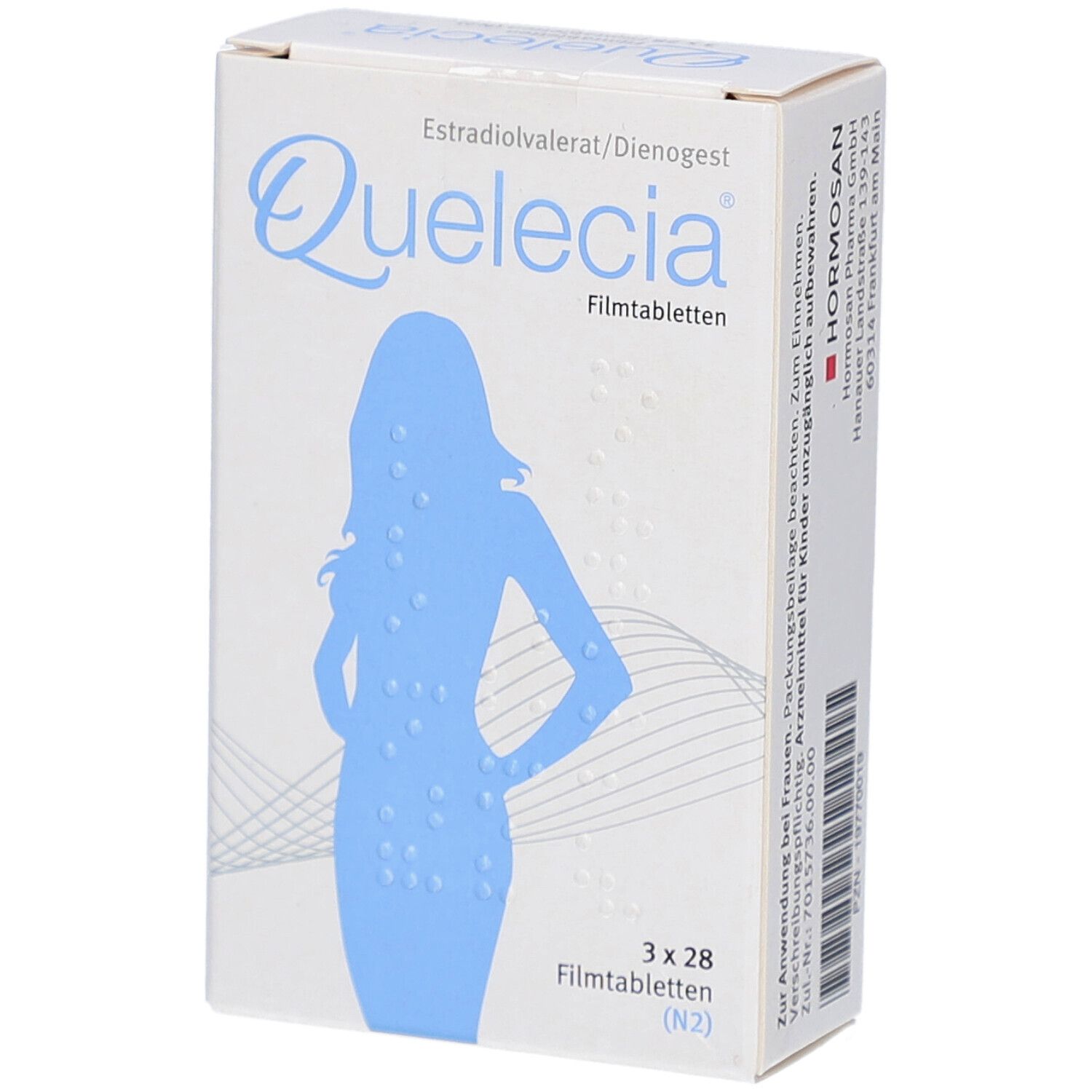 QUELECIA Filmtabletten-Packung. Weiße Schachtel mit blauem Frauenumriss. Text: Estradiolvalerat/Dienogest, 3x28 Filmtabletten.