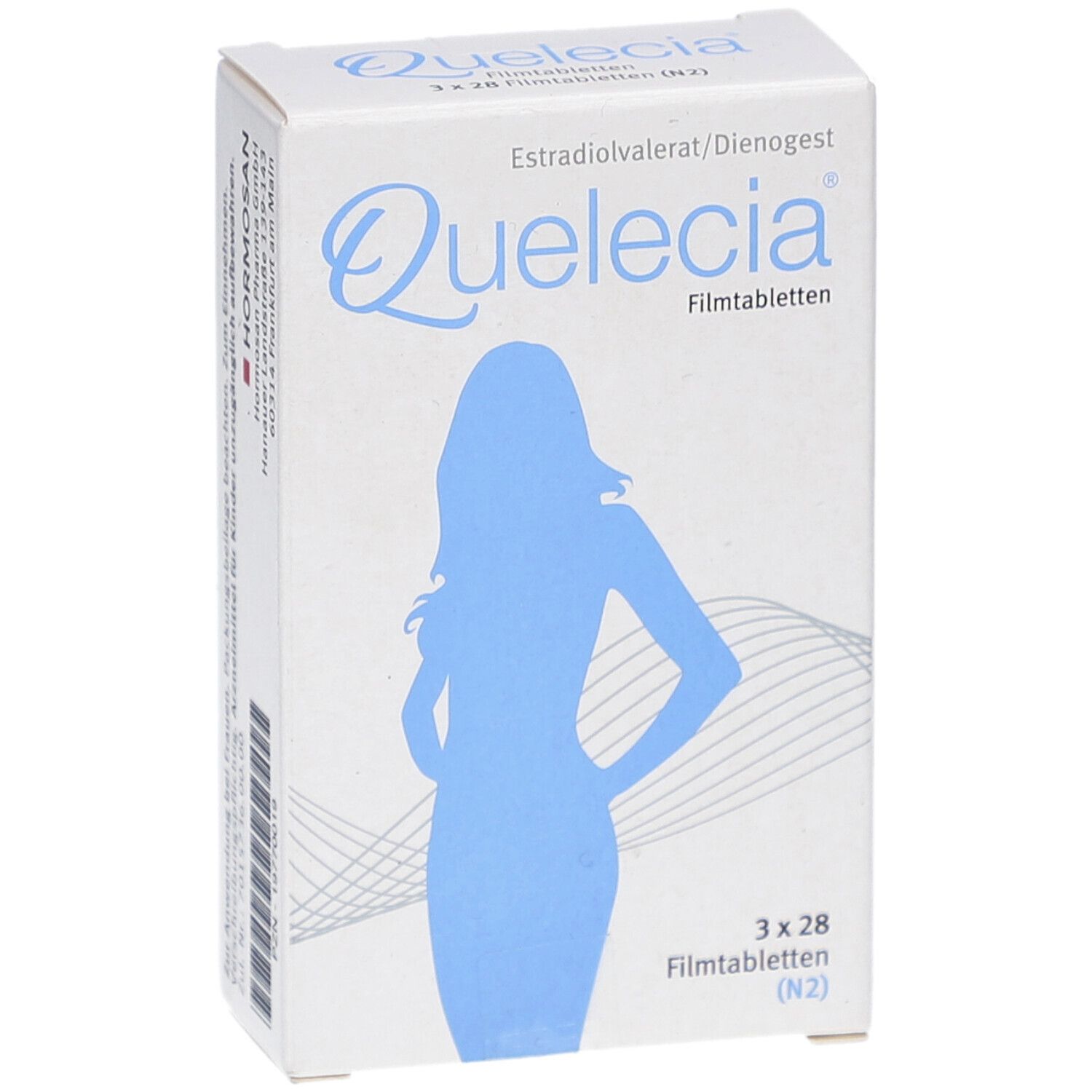 QUELECIA Filmtabletten-Packung. Weiße Schachtel mit blauem Frauenumriss. Text: Estradiolvalerat/Dienogest, 3x28 Filmtabletten (N2).