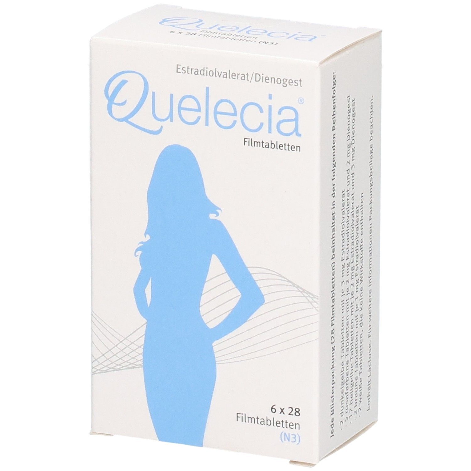 QUELECIA Filmtabletten Verpackung mit blauer Silhouette einer Frau.