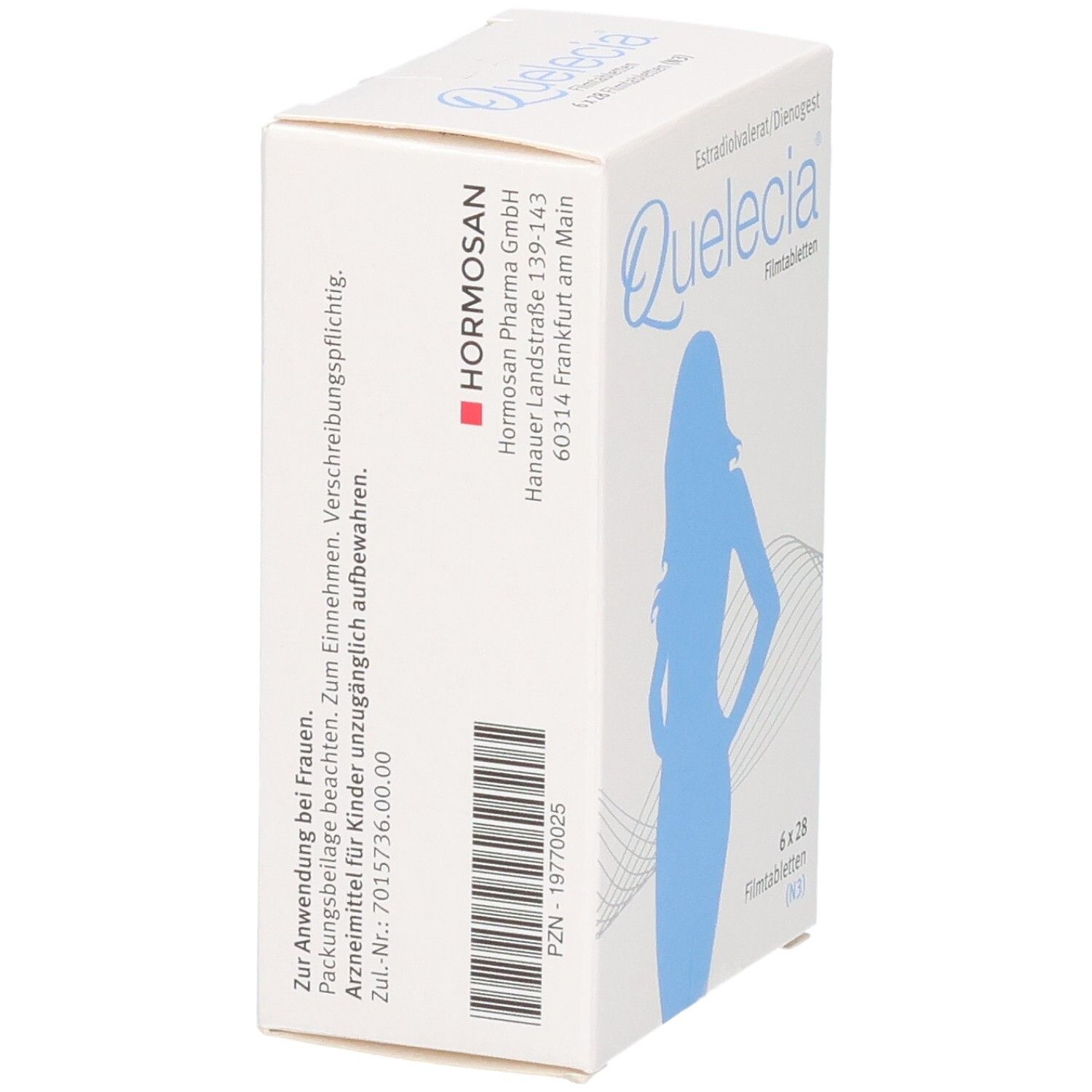 QUELECIA Filmtabletten Verpackung, Seitenansicht mit Herstellerinformationen.