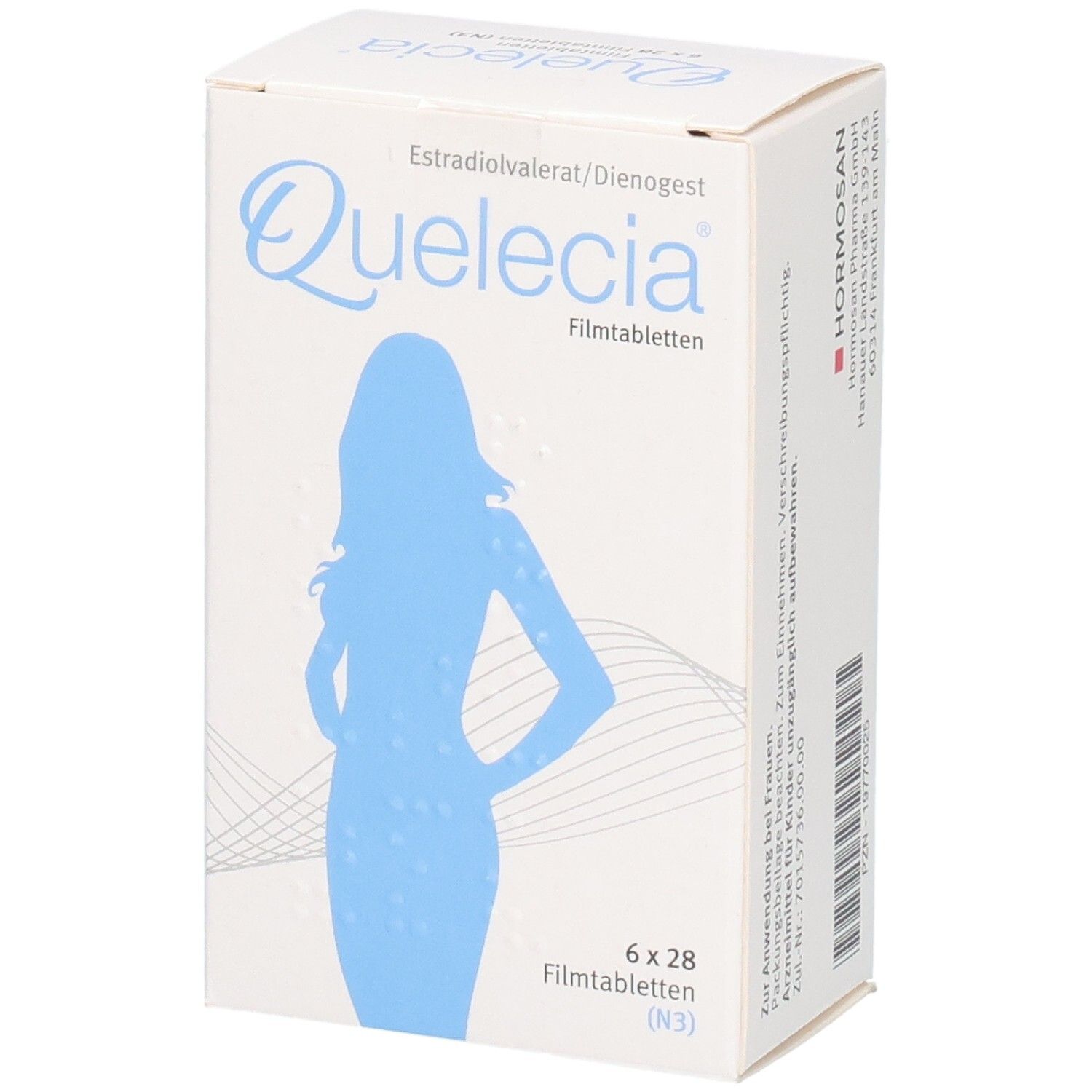 QUELECIA Filmtabletten Verpackung, Vorder- und Seitenansicht.