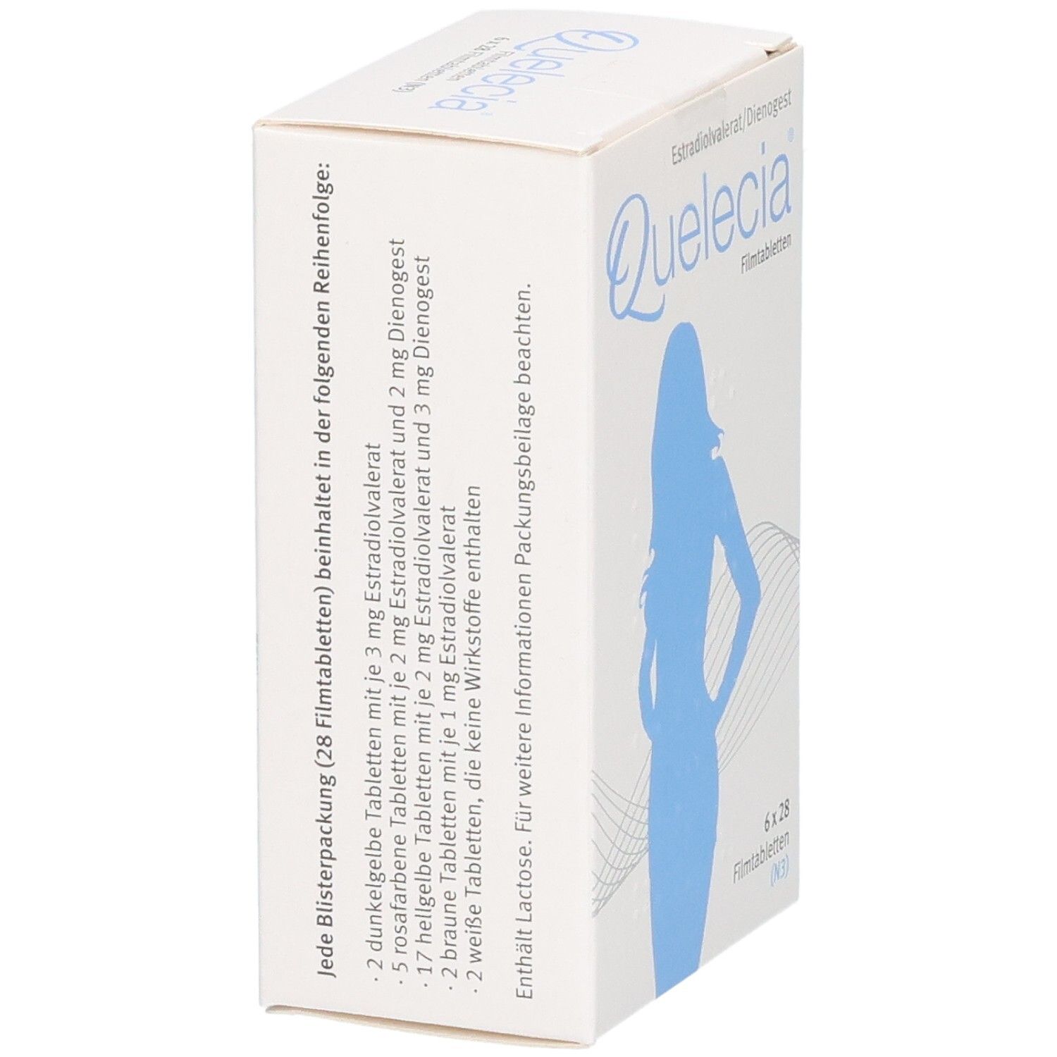 QUELECIA Filmtabletten Verpackung, Rückseite mit detaillierter Produktinformation.