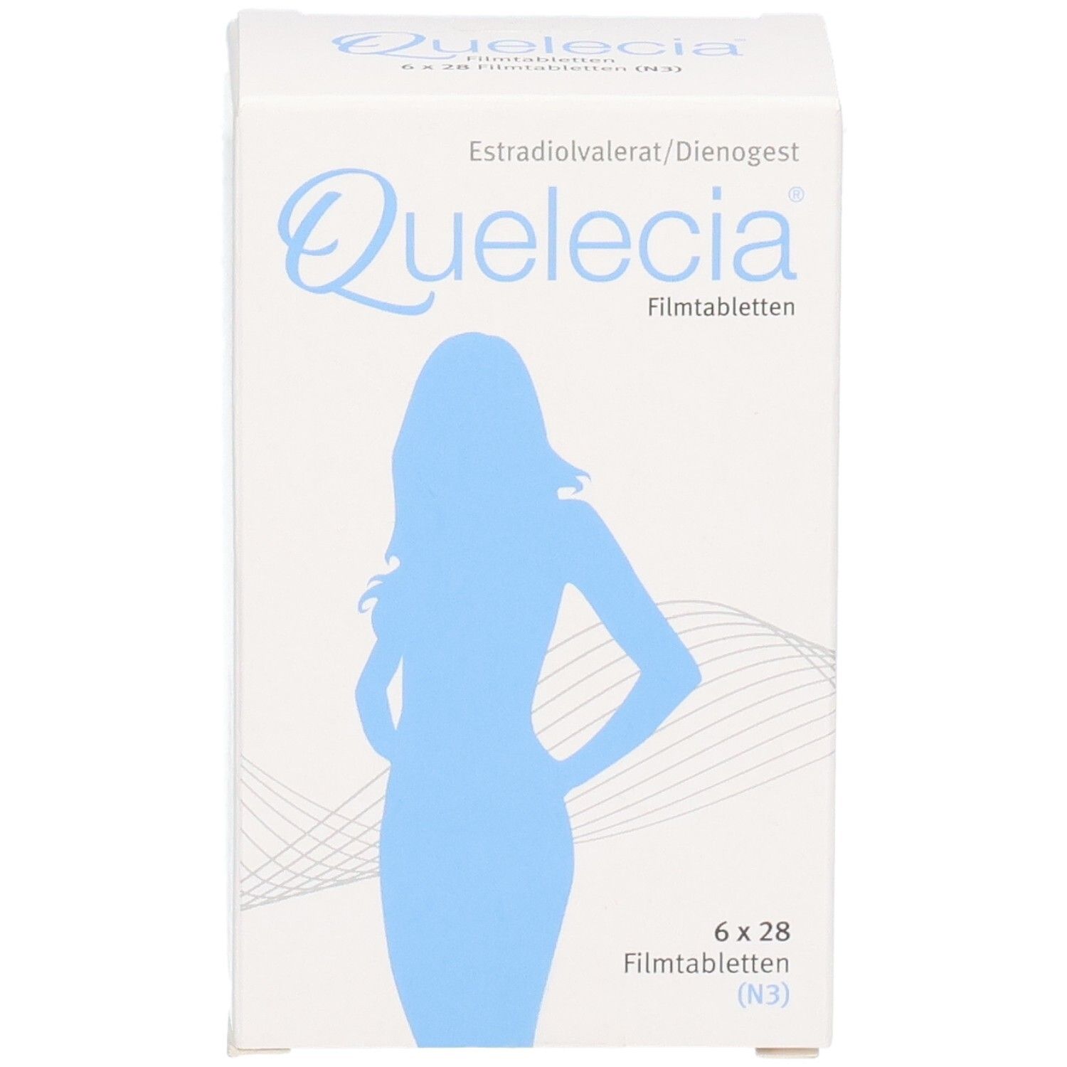 QUELECIA Filmtabletten Verpackung, Vorderansicht mit blauer Silhouette.