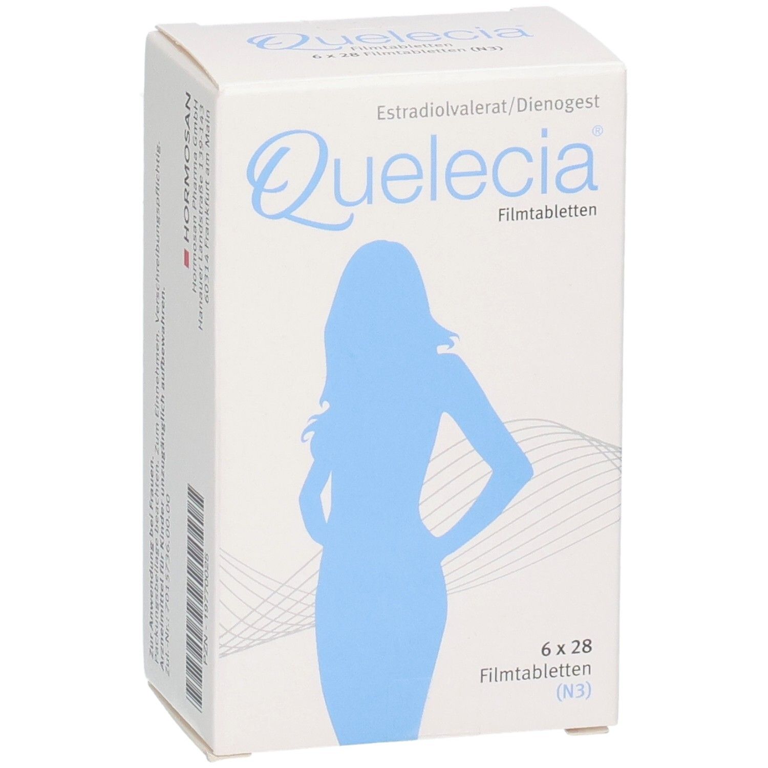 QUELECIA Filmtabletten Verpackung, schräge Ansicht mit Herstellerangaben.