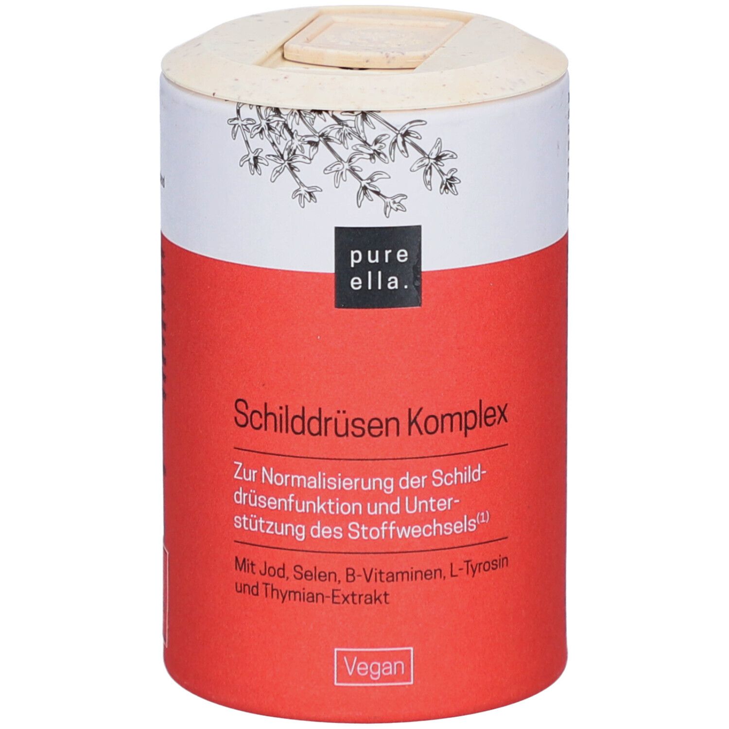 Zylindrische Dose mit rotem und weißem Design. Aufschrift: Schilddrüsen Komplex. Vegan-Siegel.