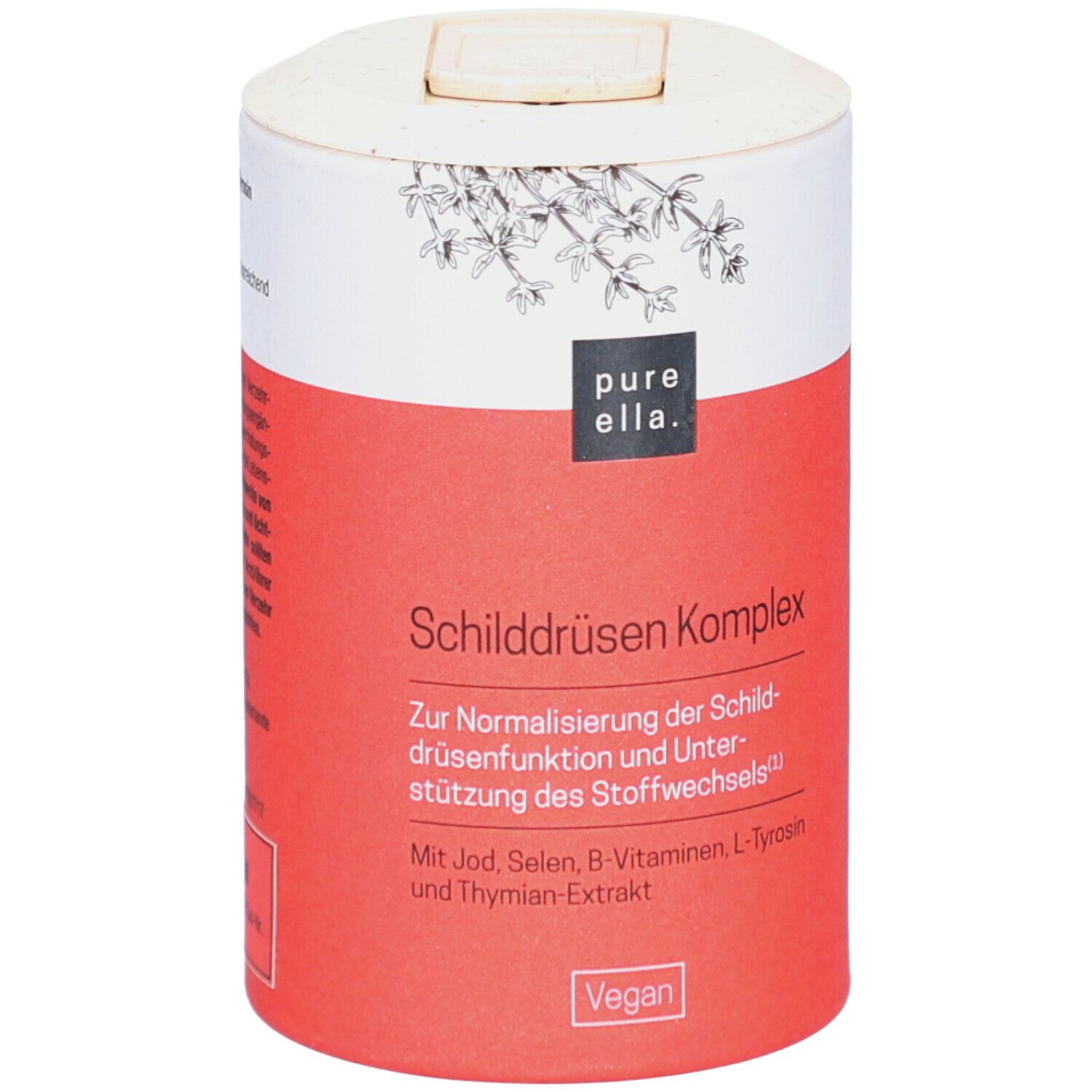 Zylindrische Dose mit rotem und weißem Design. Aufschrift: Schilddrüsen Komplex. Vegan-Siegel.