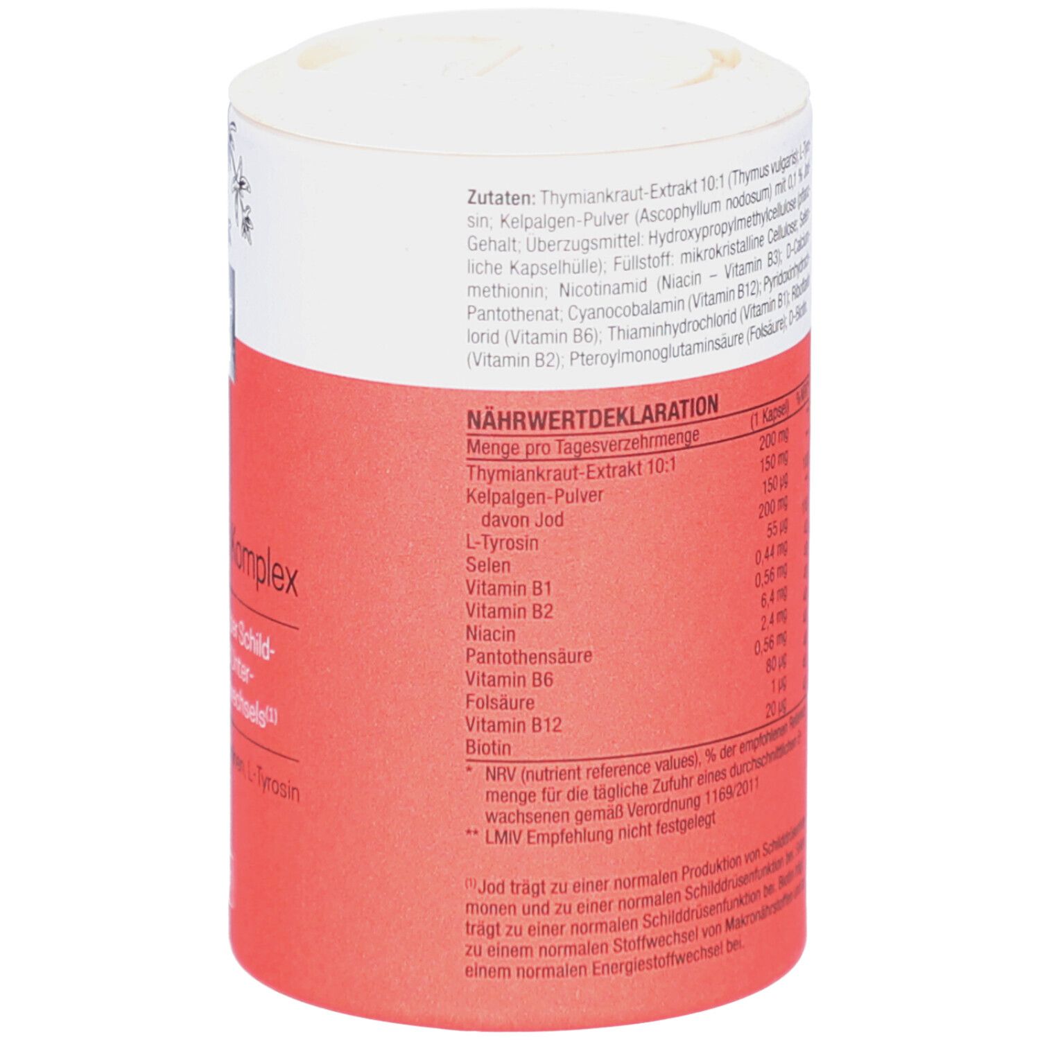 Rote und weiße zylindrische Dose. Nährwertdeklaration und Inhaltsstoffe. Text in deutscher Sprache.