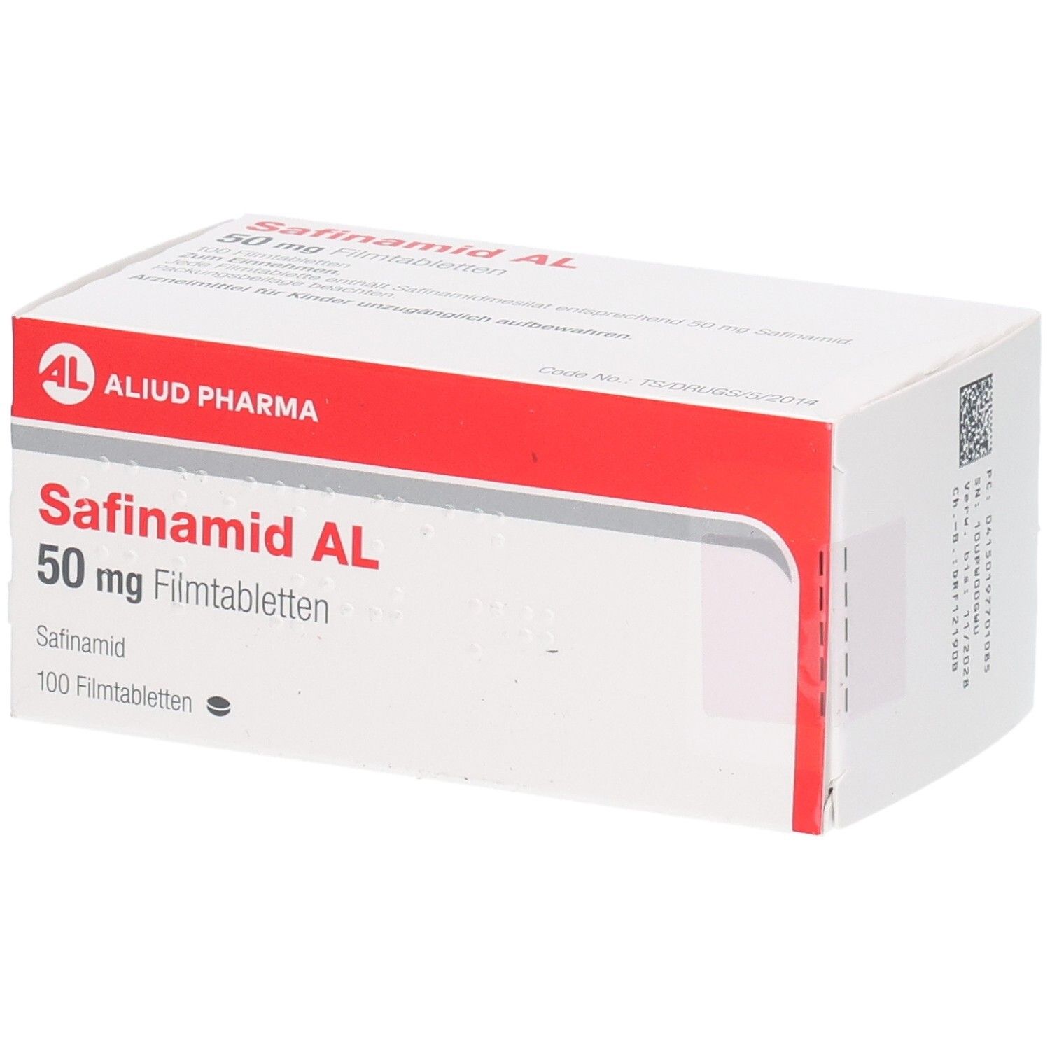 Weiß-rote Schachtel mit Aufschrift Safinamid AL 50 mg Filmtabletten. Logo AL, 100 Filmtabletten.