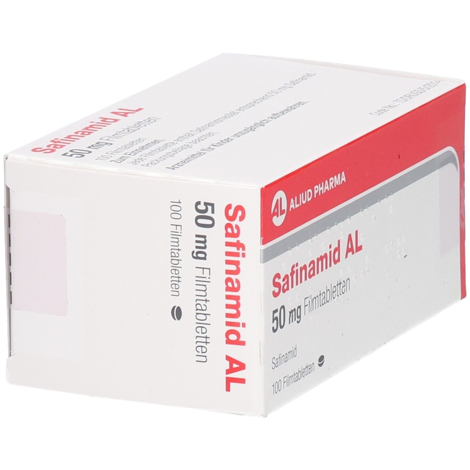 Weiß-rote Schachtel mit Safinamid AL 50 mg Filmtabletten. Logo AL, 100 Filmtabletten. Seitenansicht.