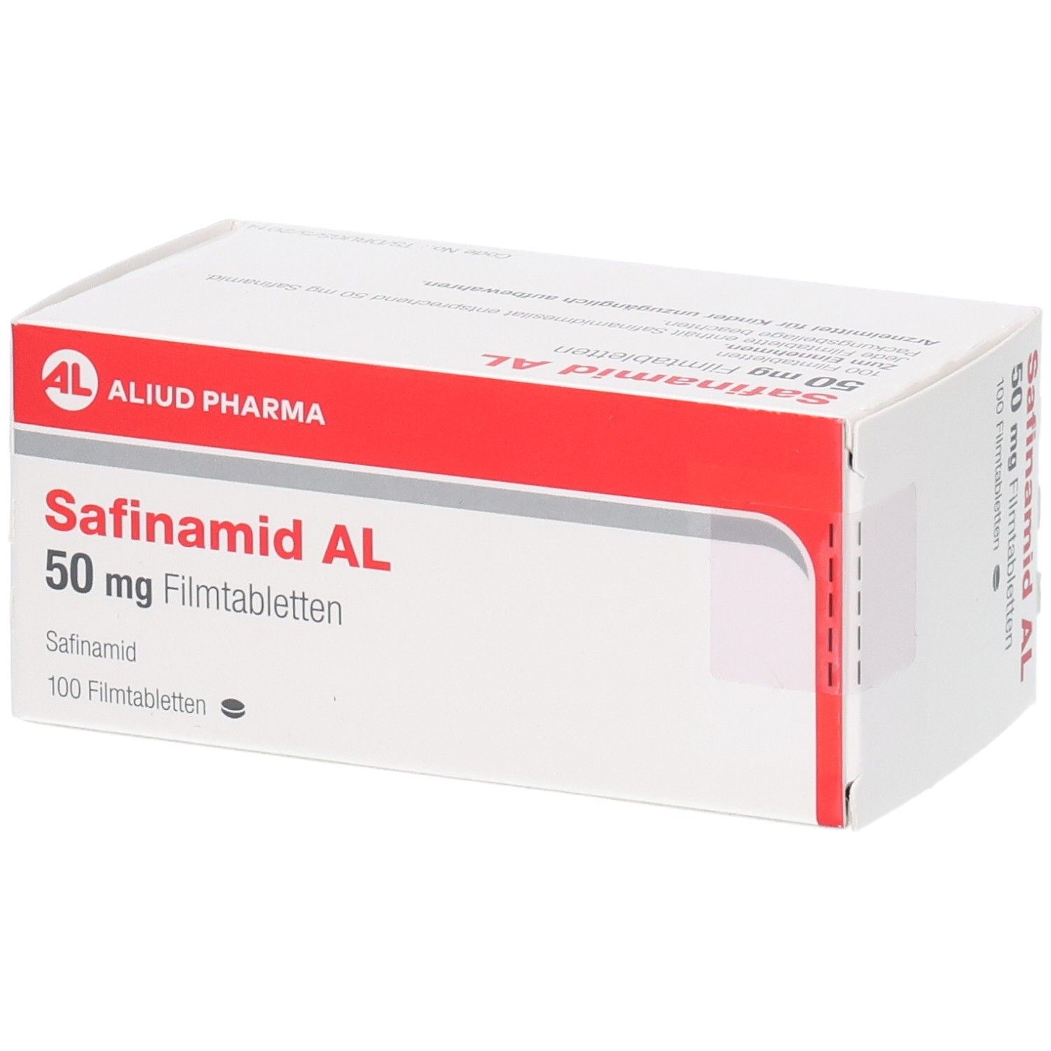 Weiß-rote Schachtel mit Safinamid AL 50 mg Filmtabletten. Logo AL, 100 Filmtabletten. Perspektivansicht.